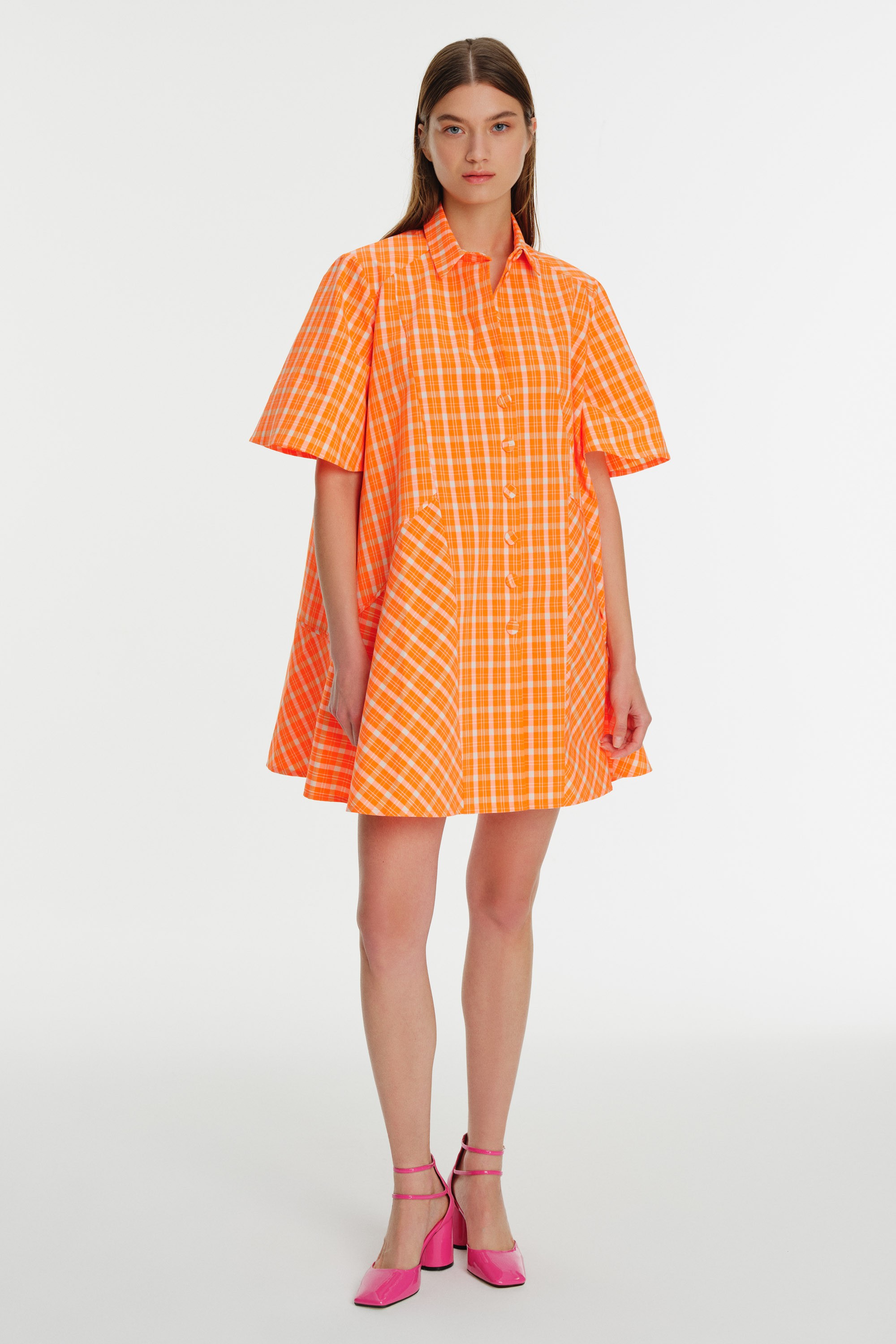 Short Sleeve Checkered Mini Shirt Dress