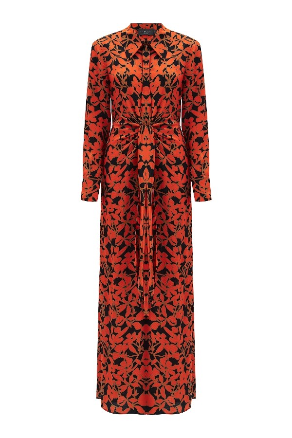 Tie Orange Floral Shirt Dress