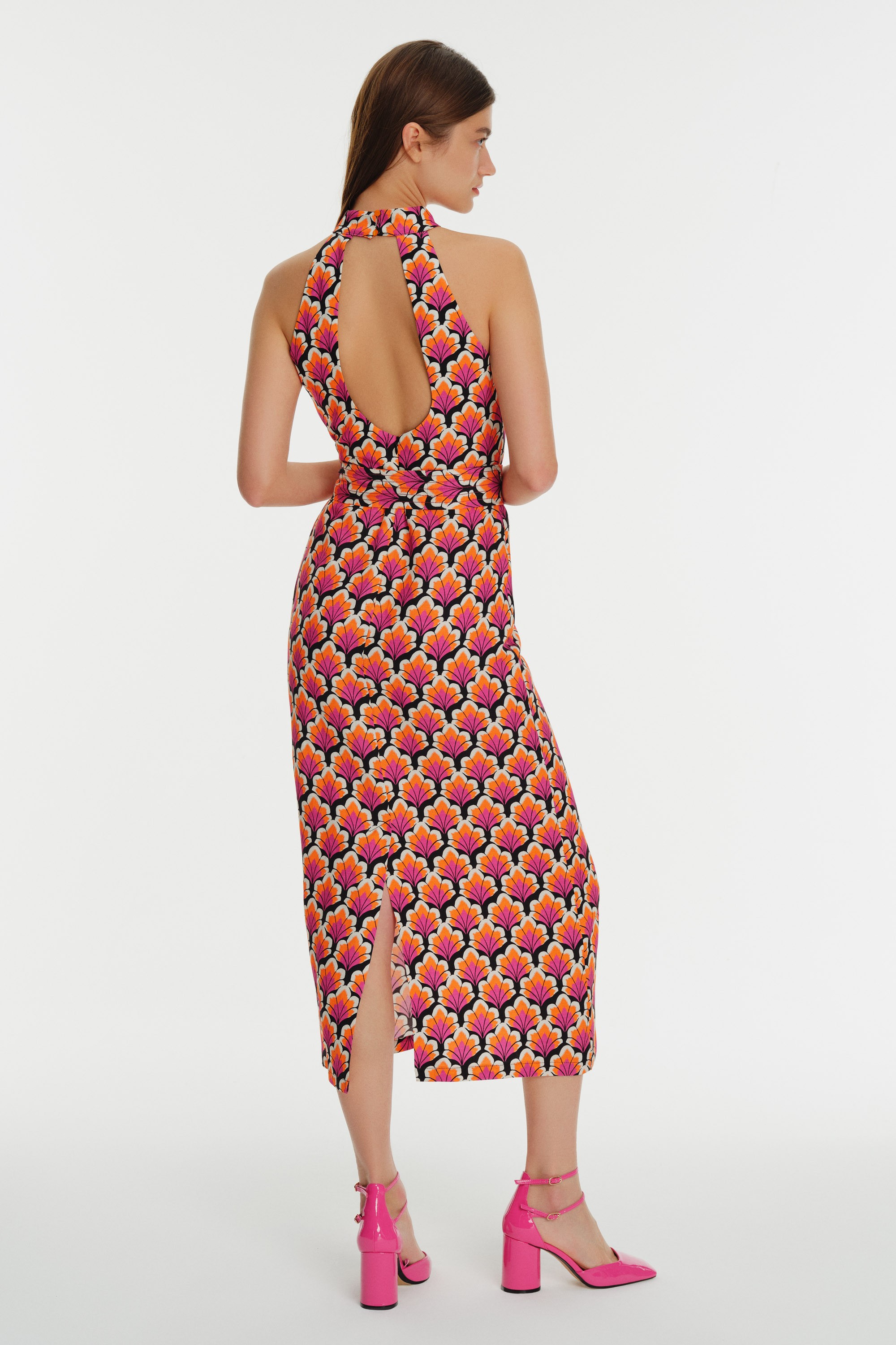 Halter Neck Back Decollete Patterned Midi Dress