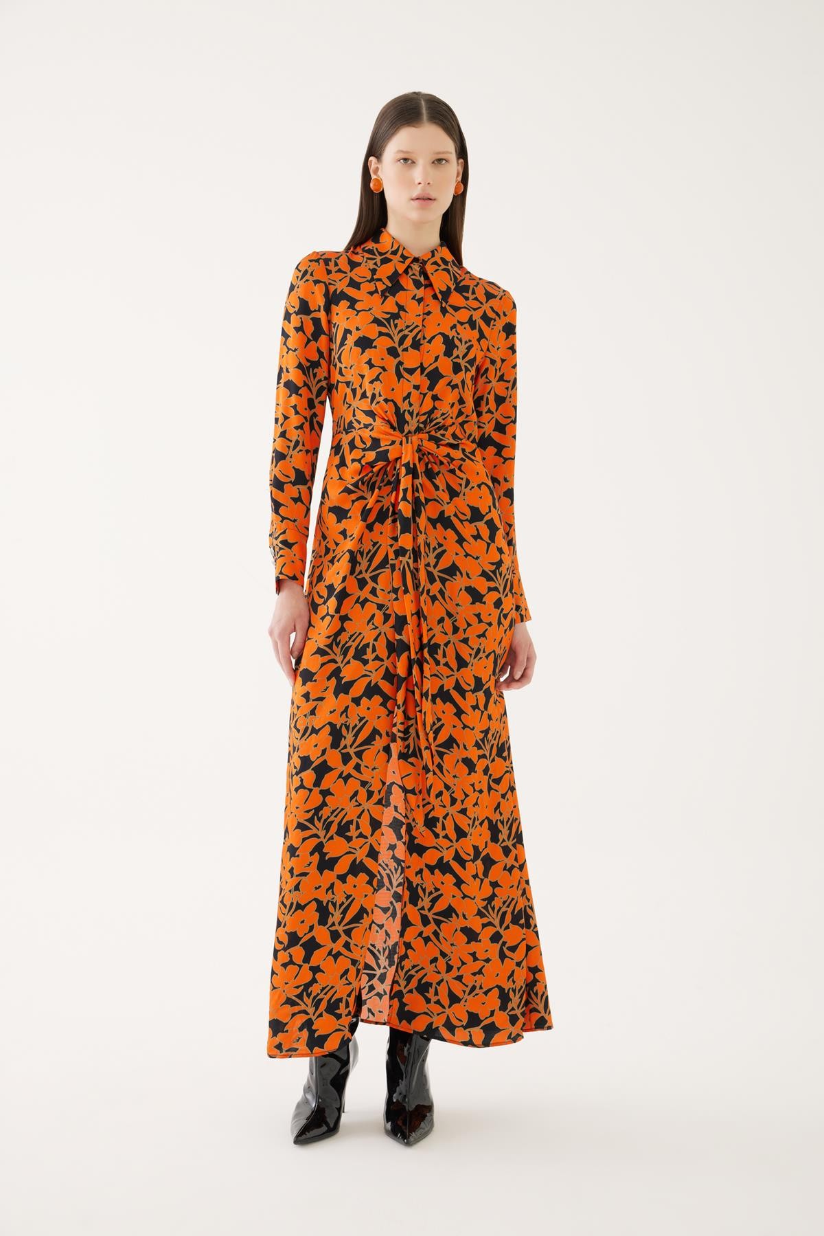 Tie Orange Floral Shirt Dress