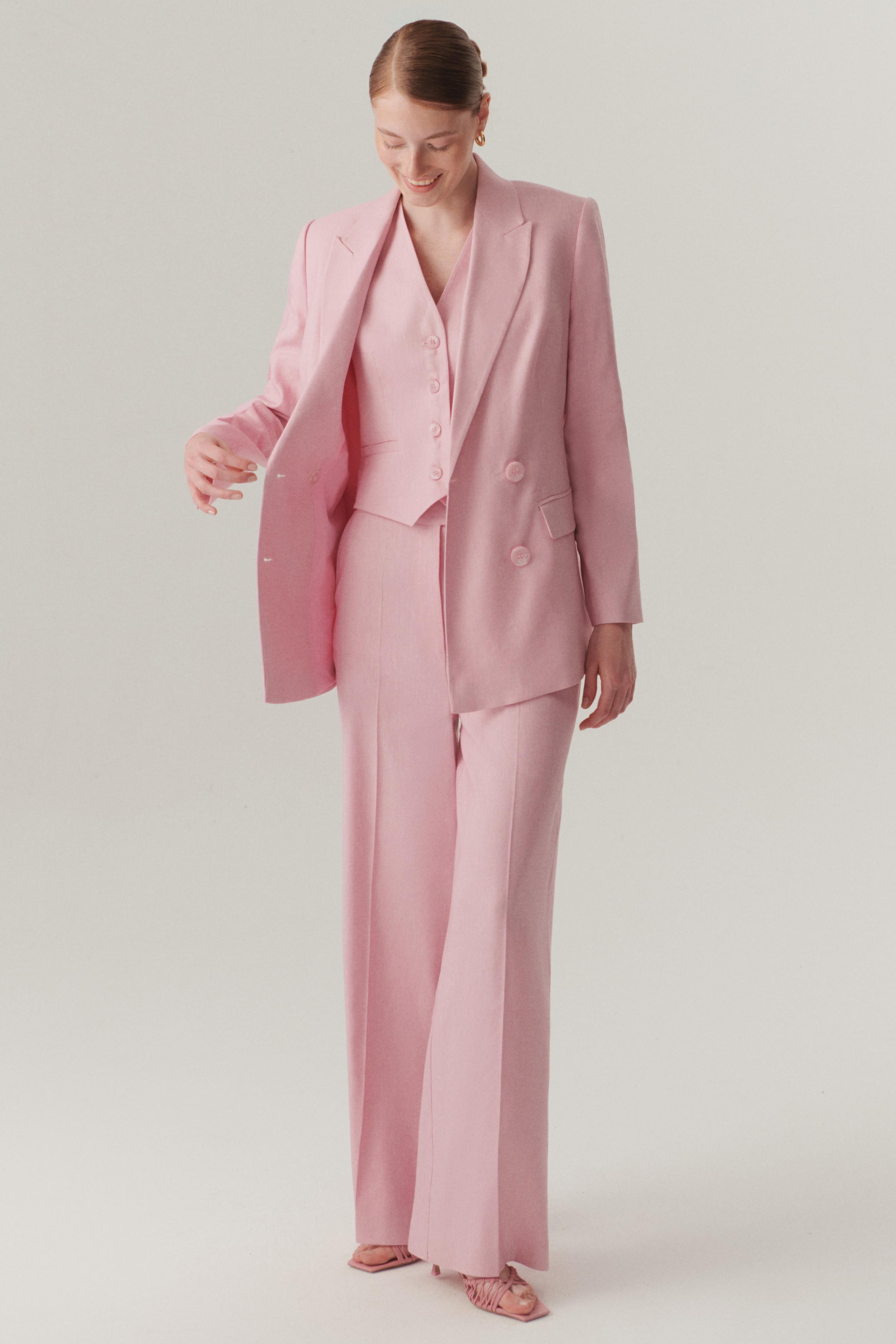 Kruvaze Yaka Keten Regular Pembe Blazer Ceket