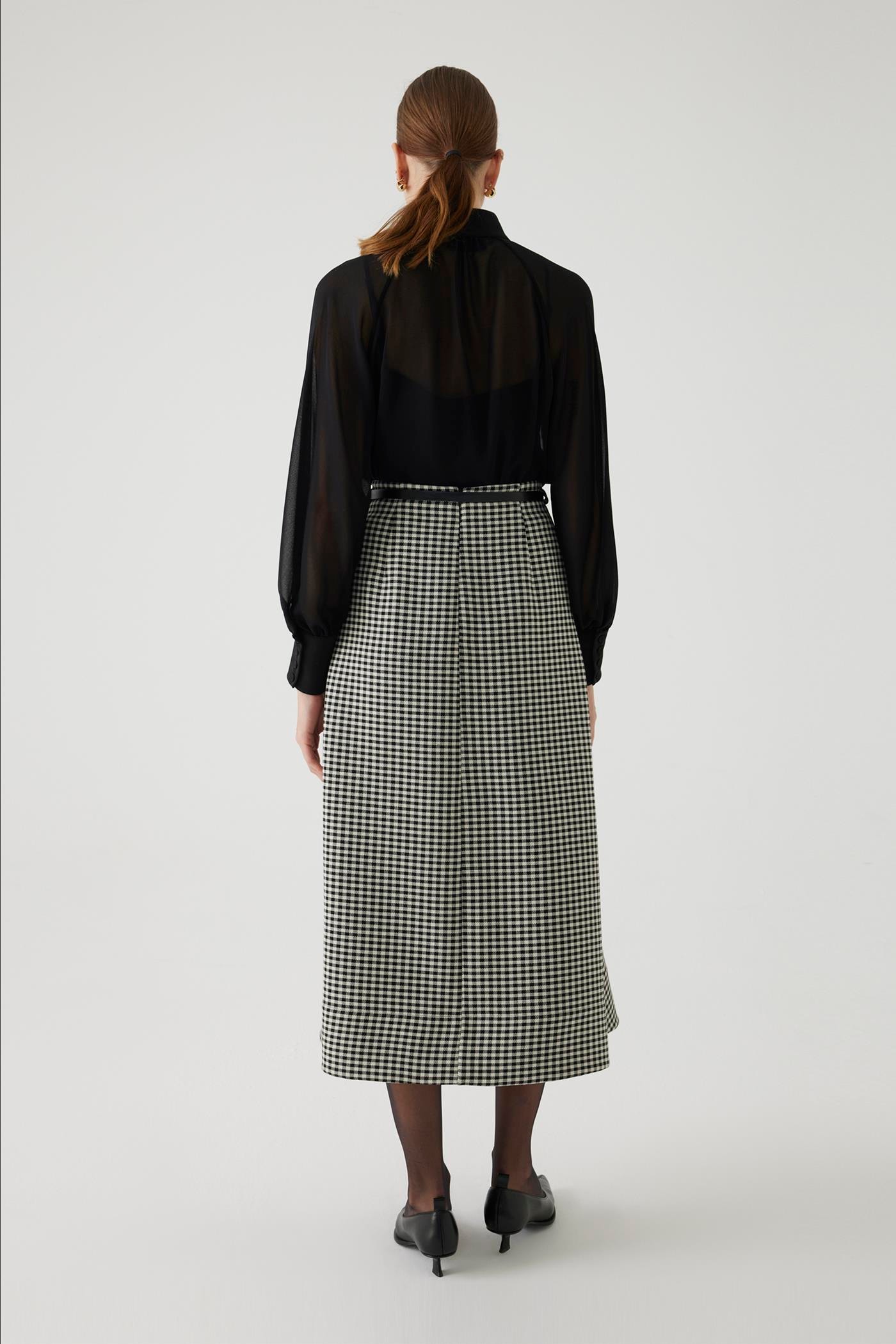 A-line Checkered Belted Midi Skirt