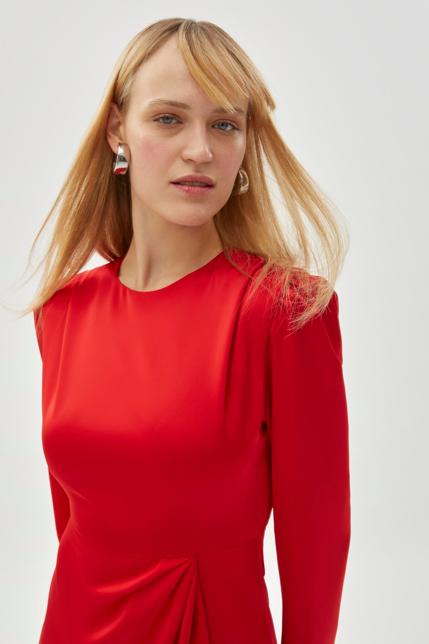 Red Crew Neck Waist Detail Midi Dress