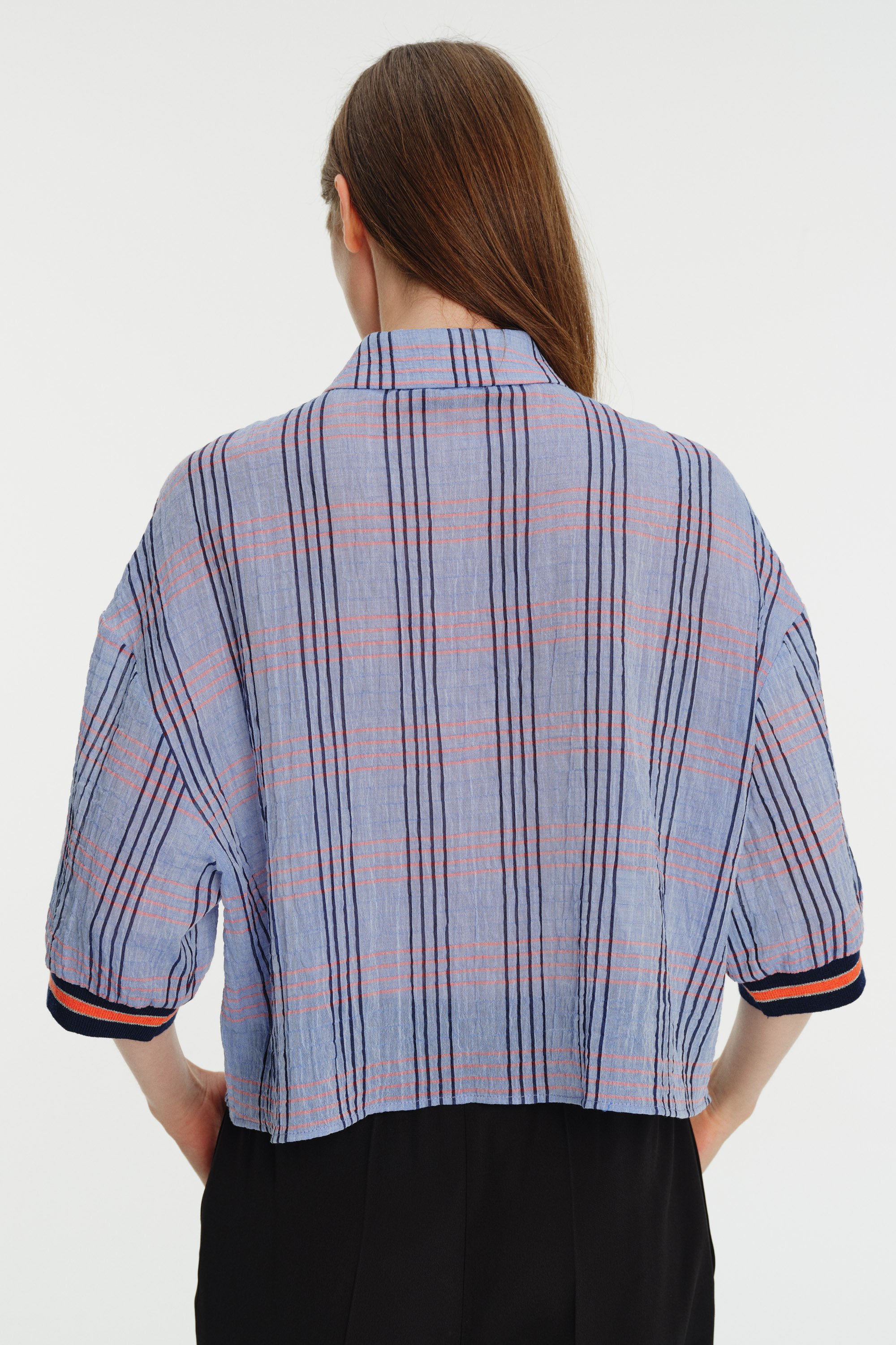 Ribbed Detail Three-Quarter Sleeve Plaid Printed Shirt