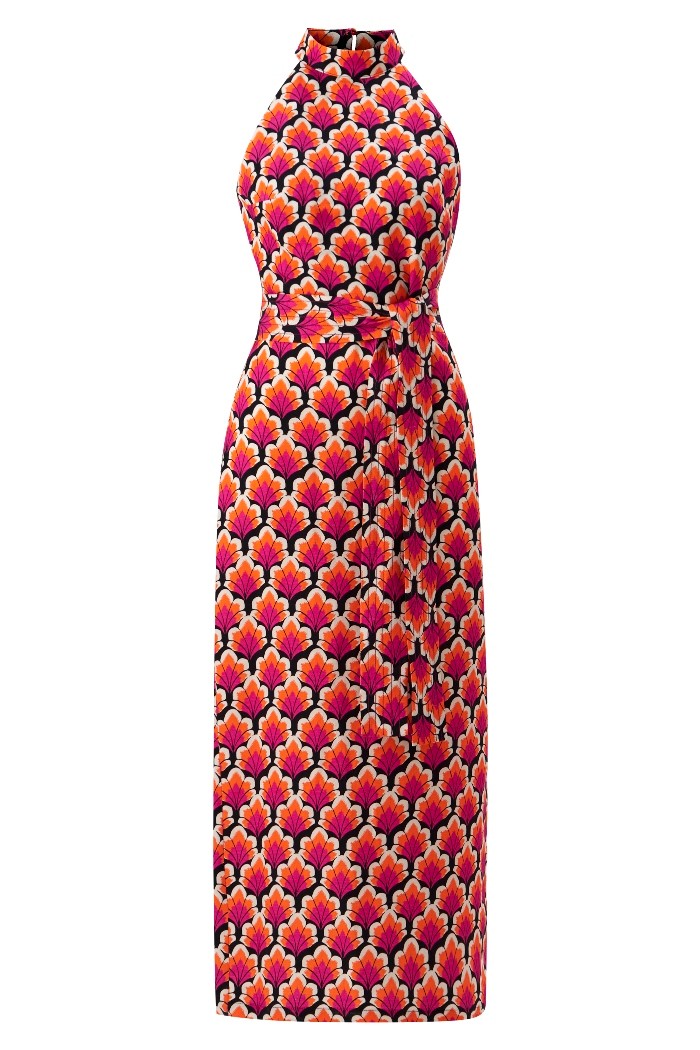 Halter Neck Back Decollete Patterned Midi Dress