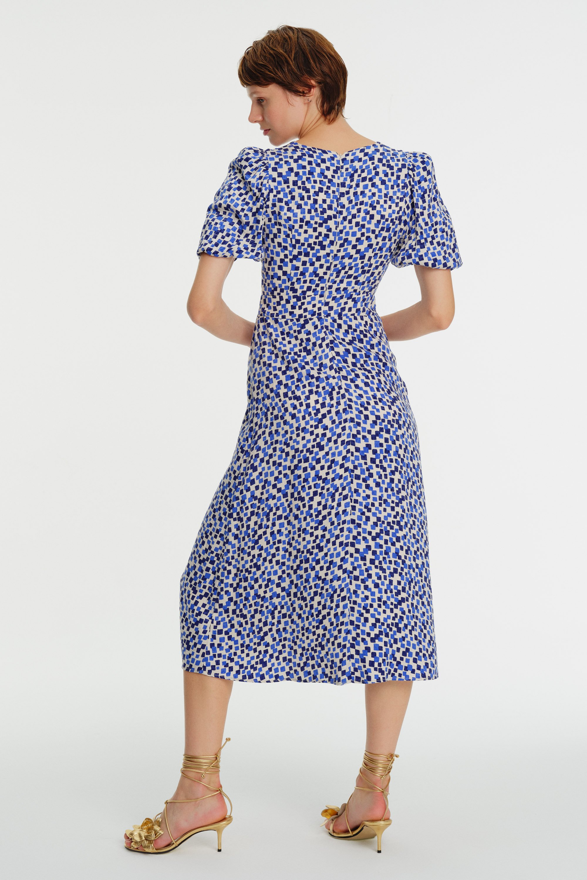 Puff Sleeve Front Tie Detailed Geometric Printed Midi Dress