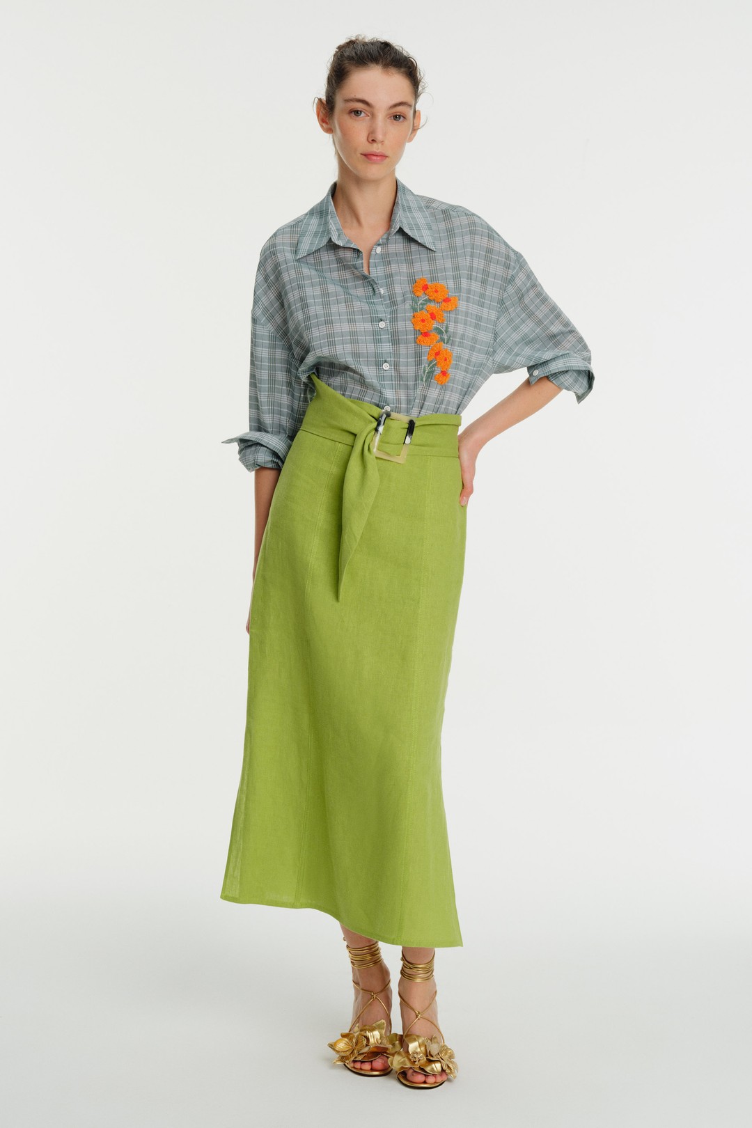 Midi Length Linen Skirt with Belt Detail 1