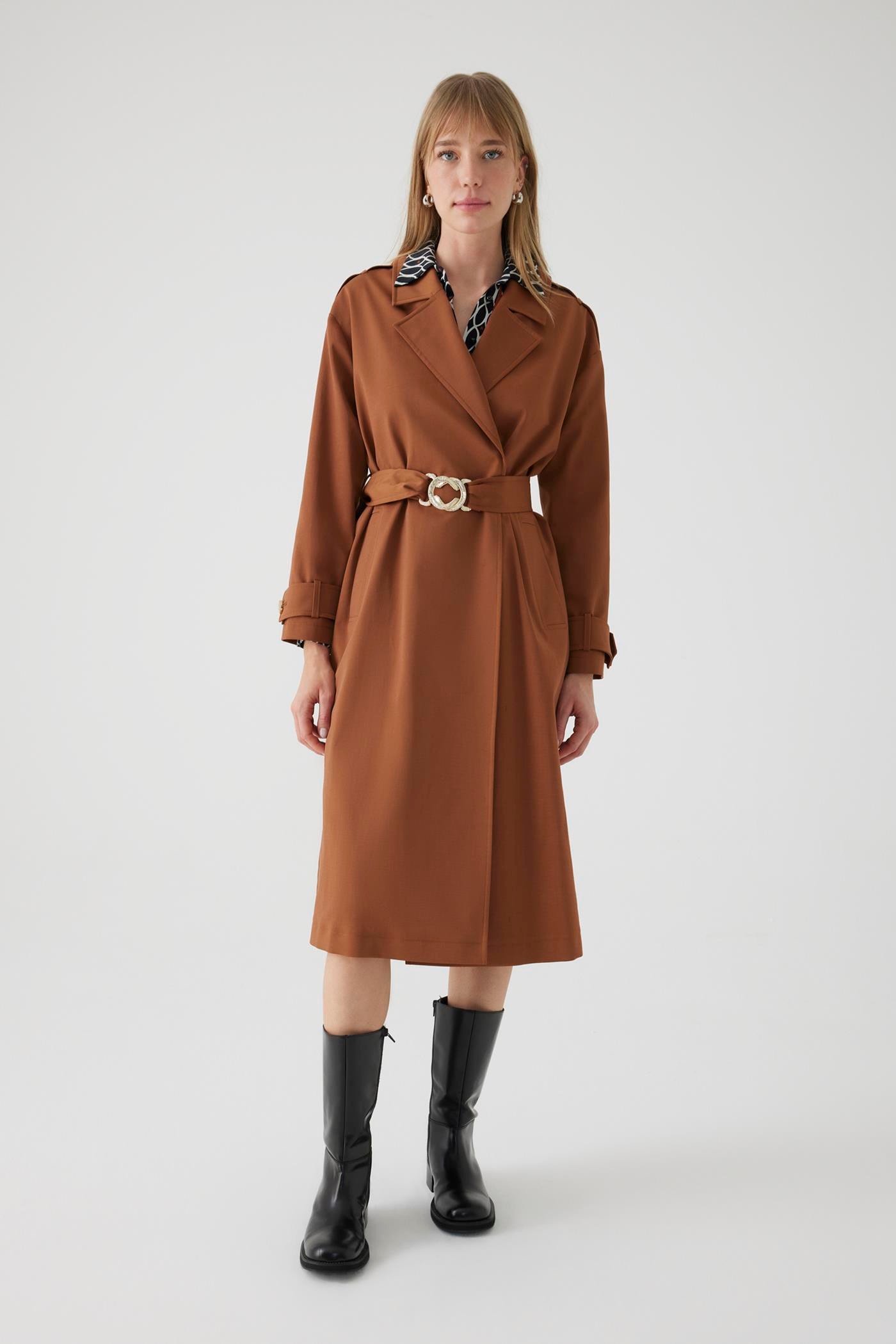 Belted Cotton Pocketed Regular Camel Trench Coat