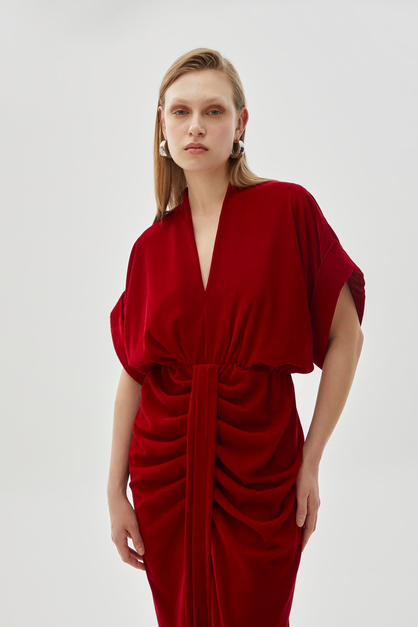 V Neck Velvet Midi Dress