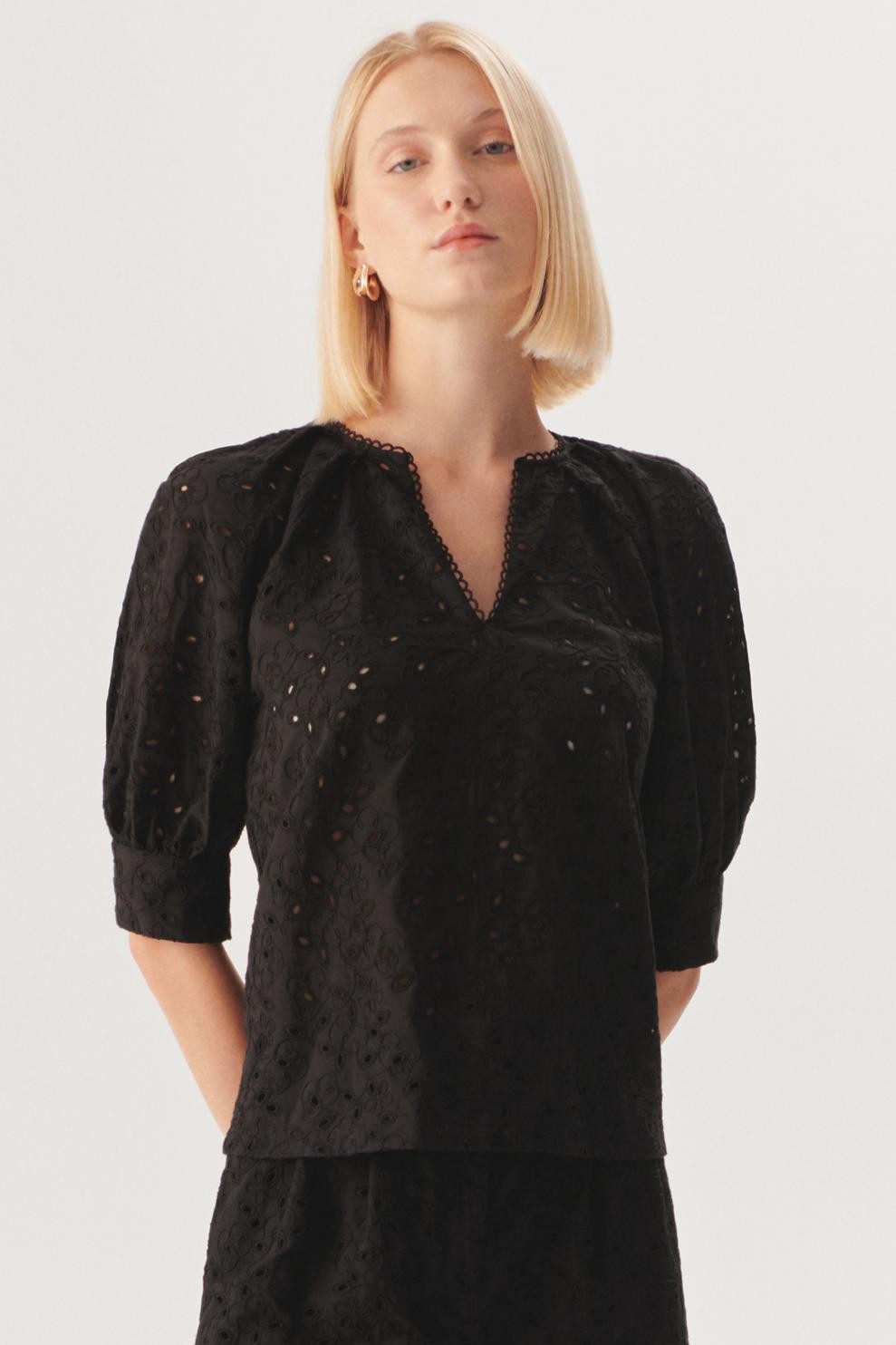 Relaxed Puff Sleeve Eyelet Blouse