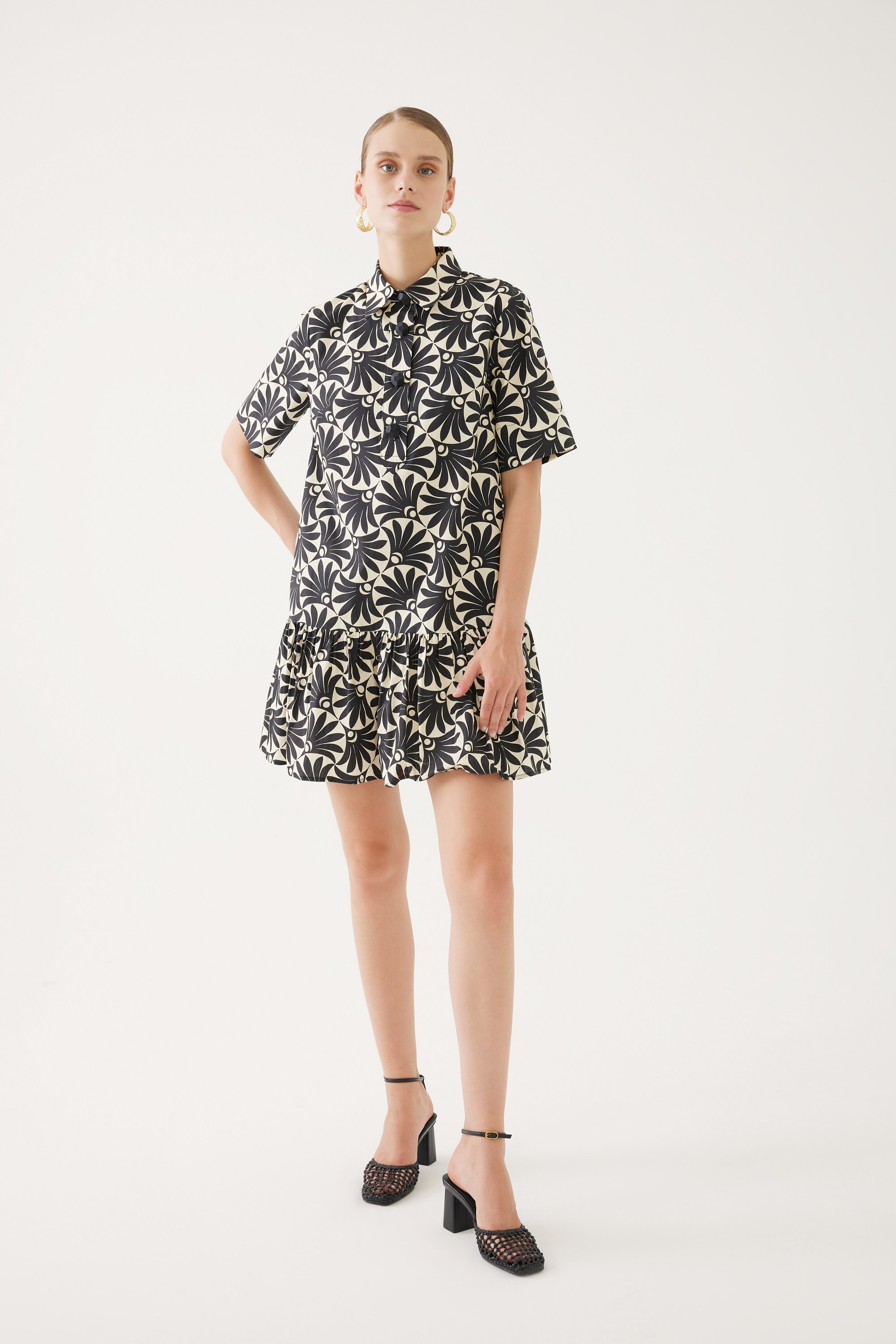 Shirt Collar Patterned Mini Dress