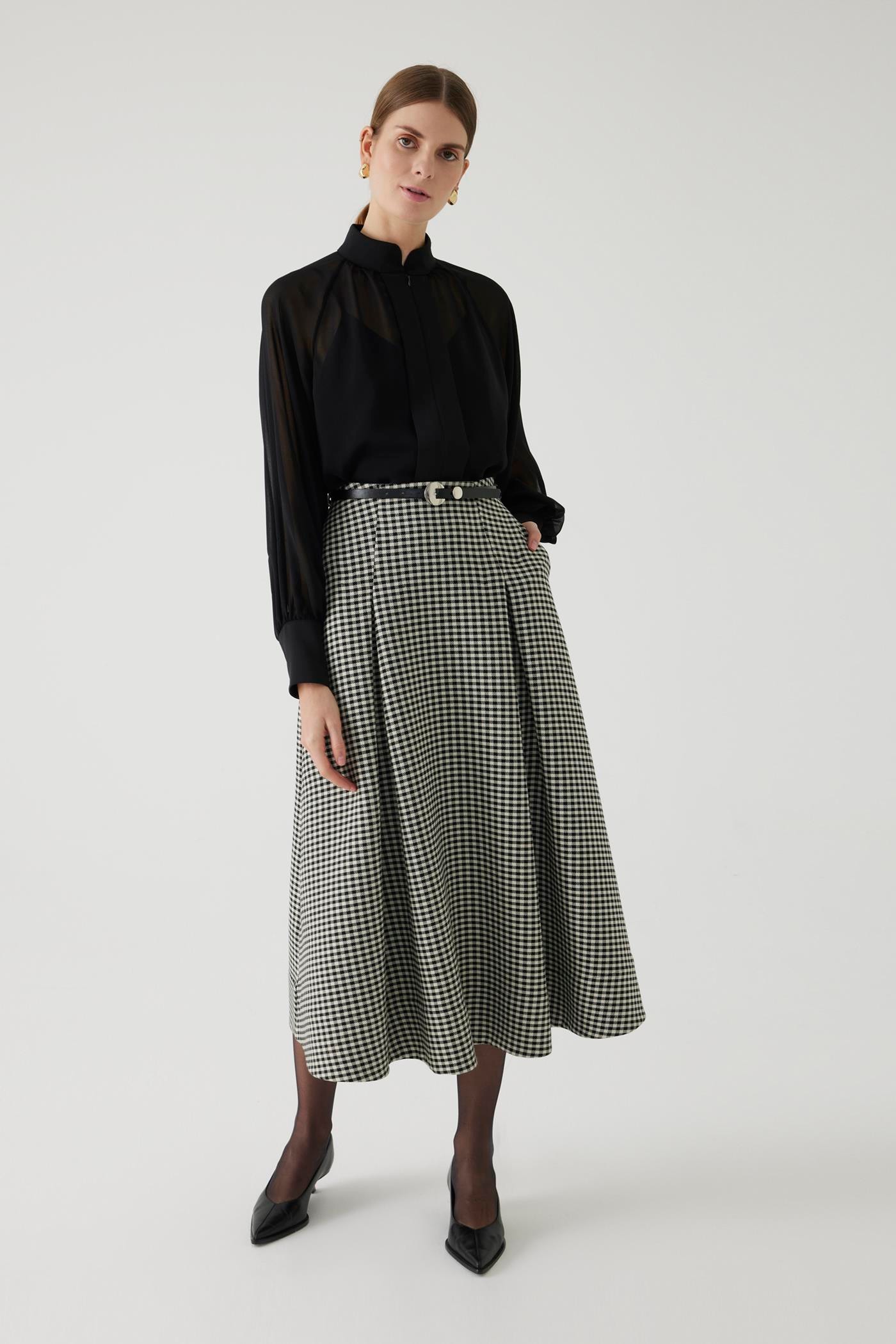 A-line Checkered Belted Midi Skirt