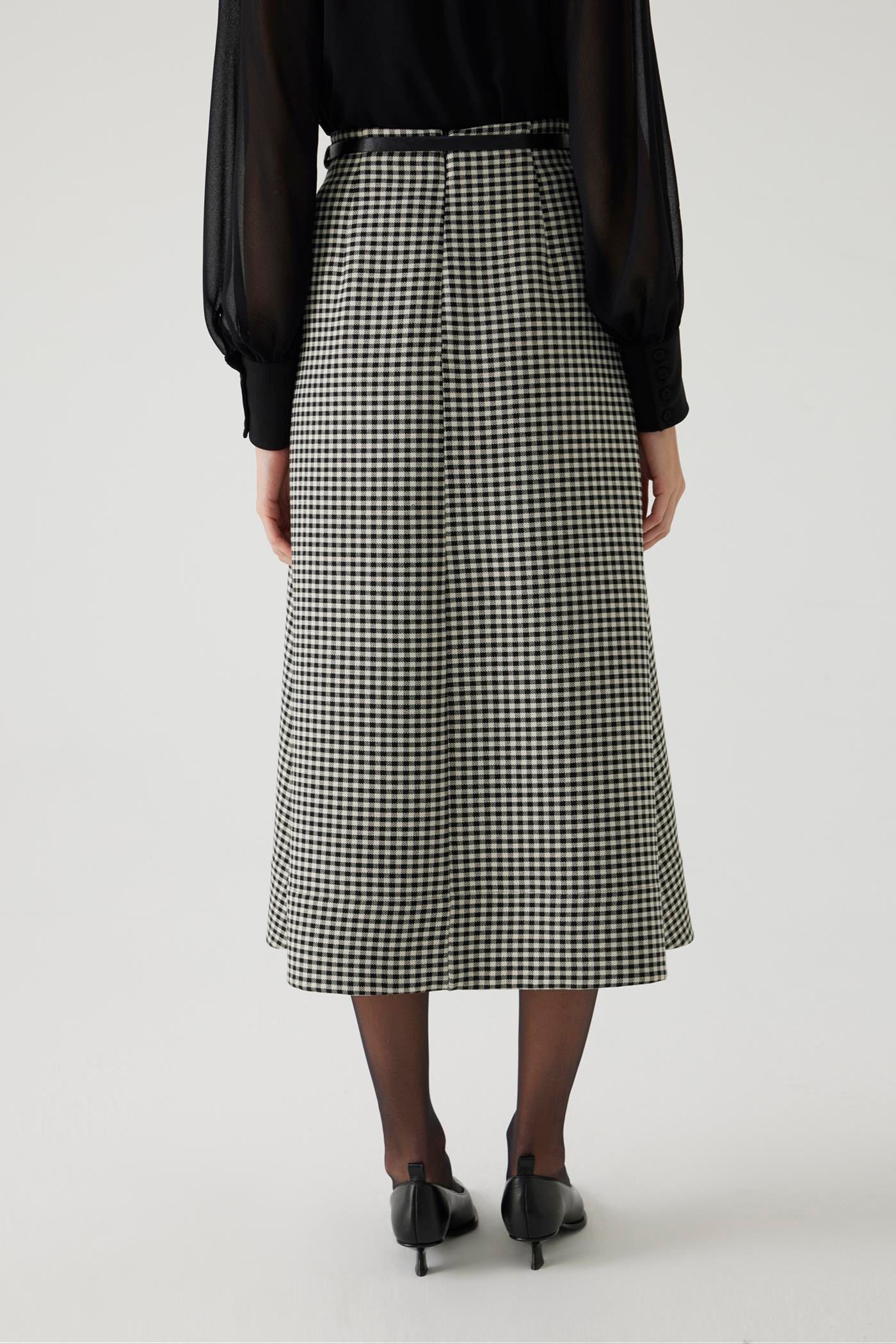 A-line Checkered Belted Midi Skirt