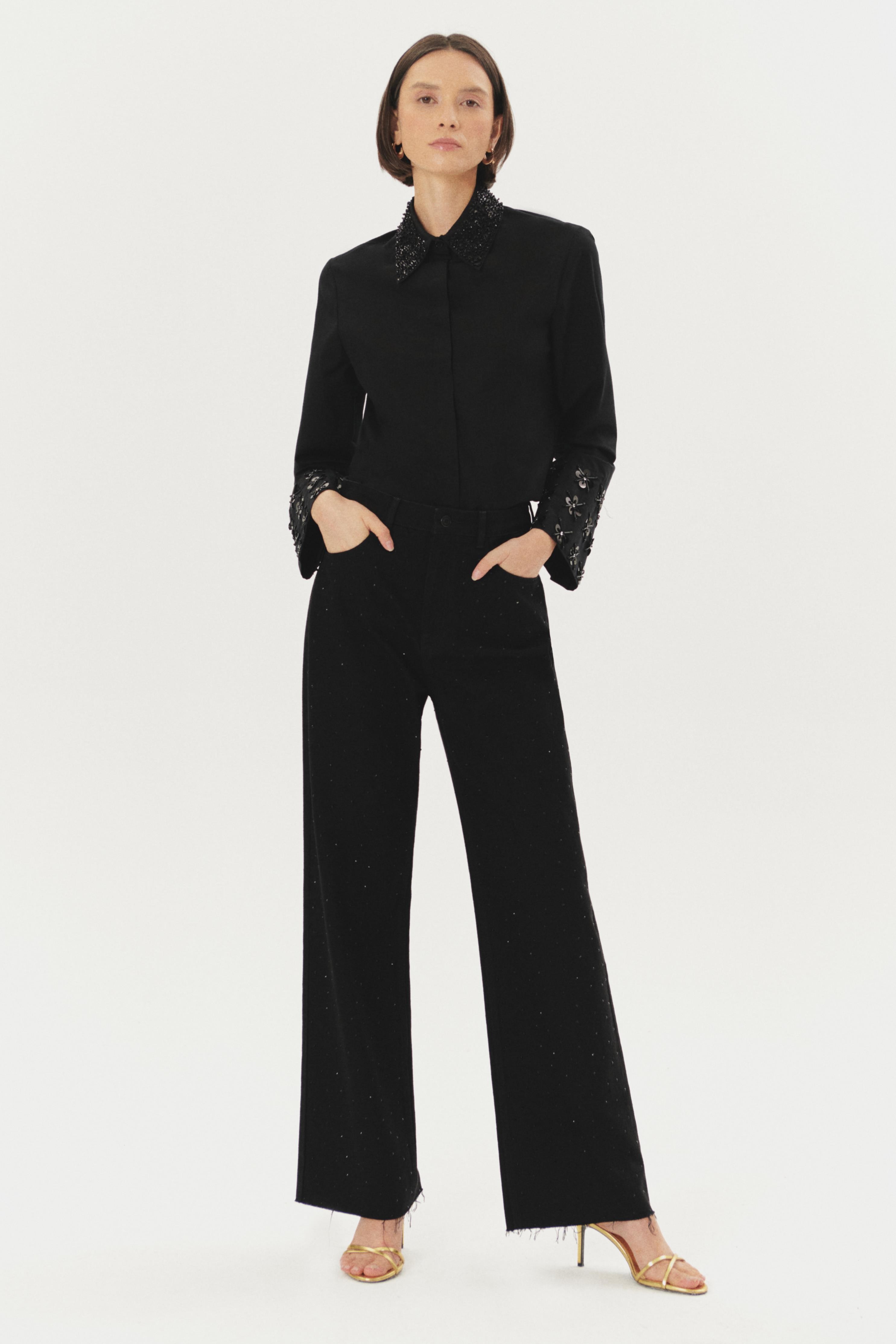 High Waist Wide Legged Stone Detailed Regular Black Denim Trousers