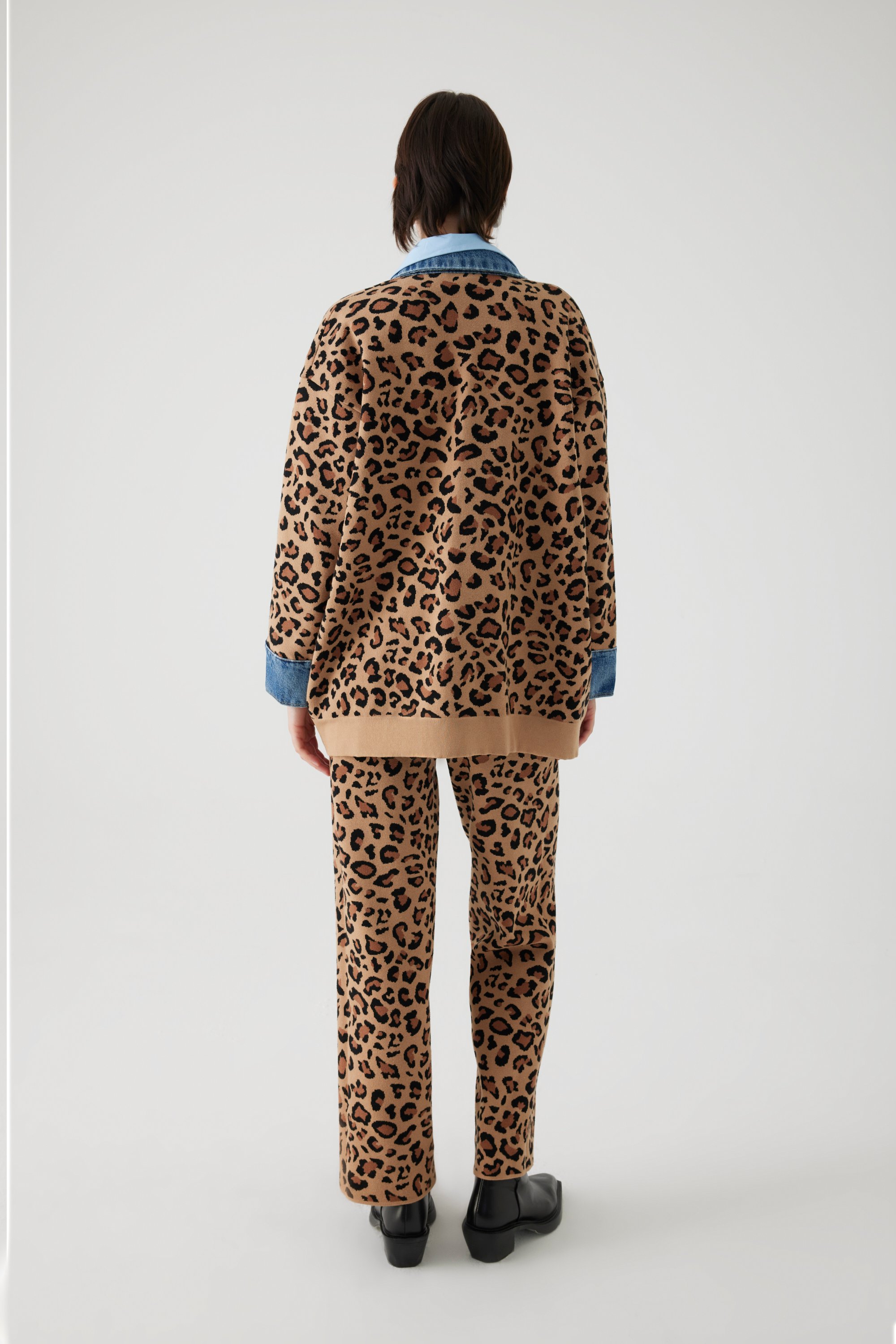 Leopar Desen Denim Garnili Kahverengi Oversize Hırka