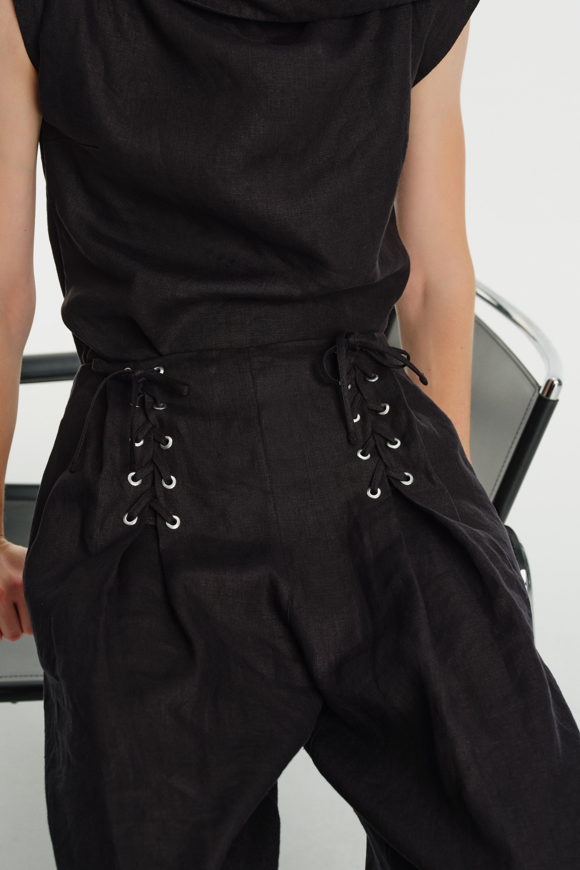 High-Waisted Eyelet Detailed Linen Palazzo Pants