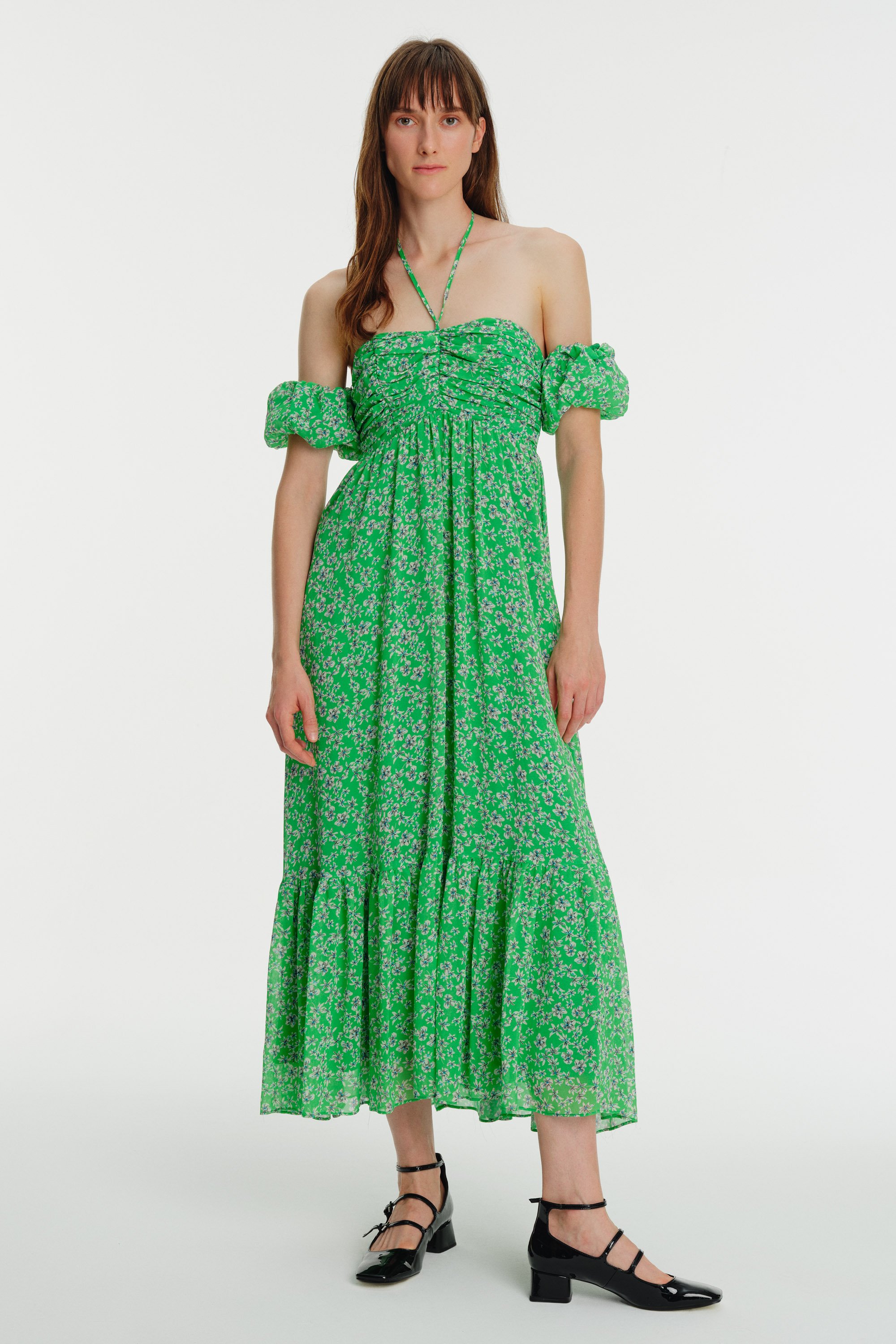 Floral Patterned Midi Chiffon Dress with Neck Ties and Shirred Front