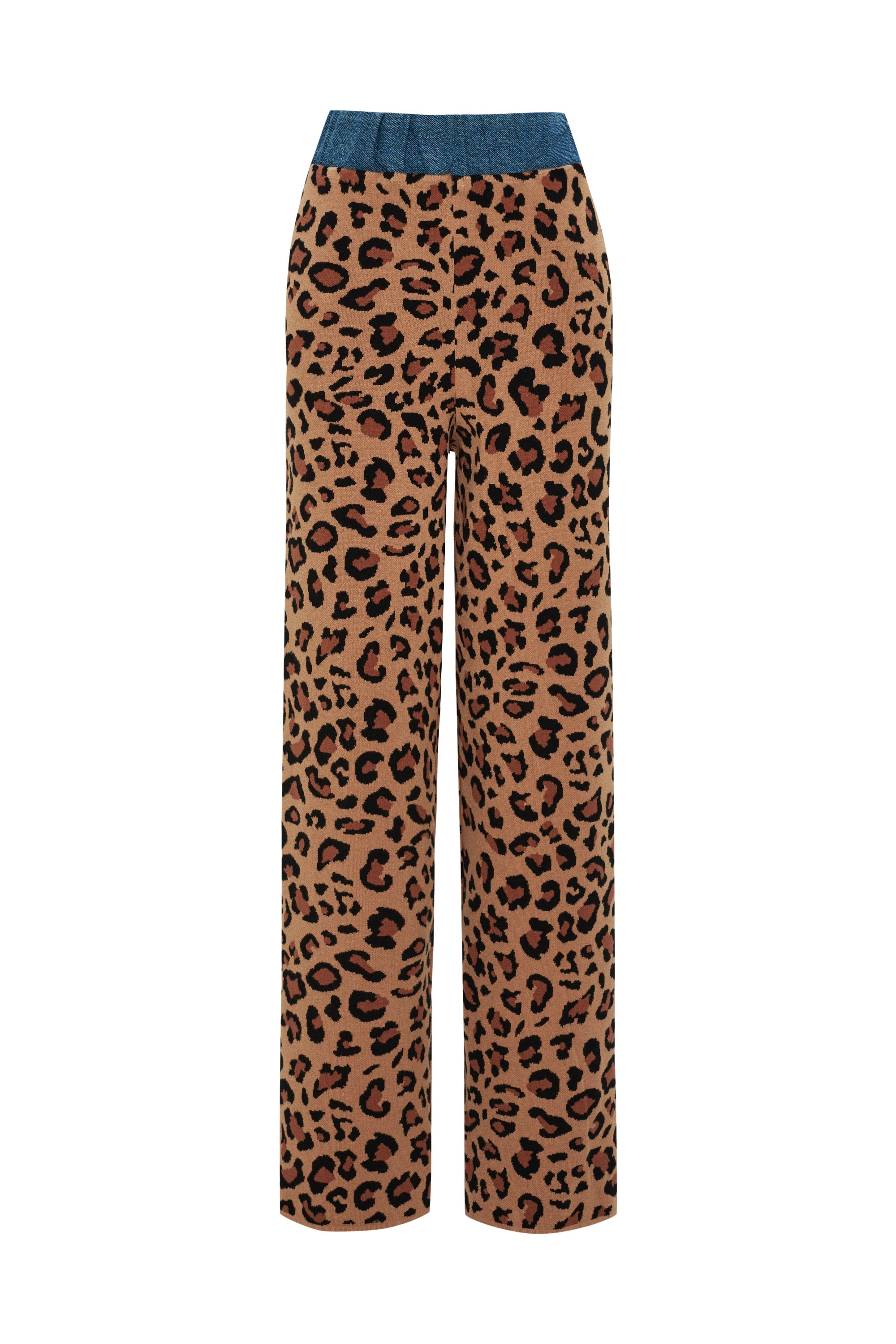 High Waist Leopard Pattern Elastic Waist Denim Garnished Regular Knit Trousers