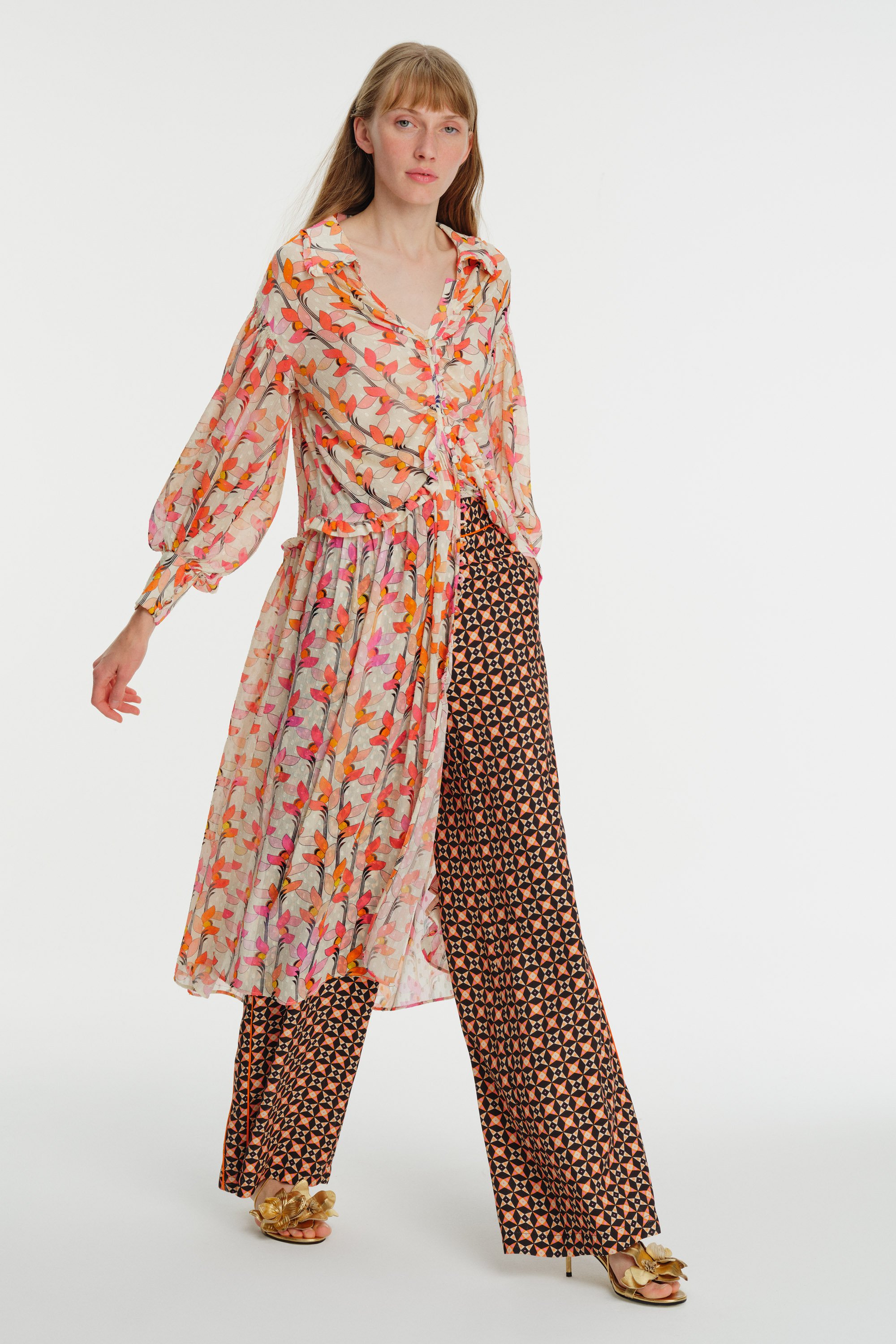 Long Sleeve Printed Midi Shirt Dress