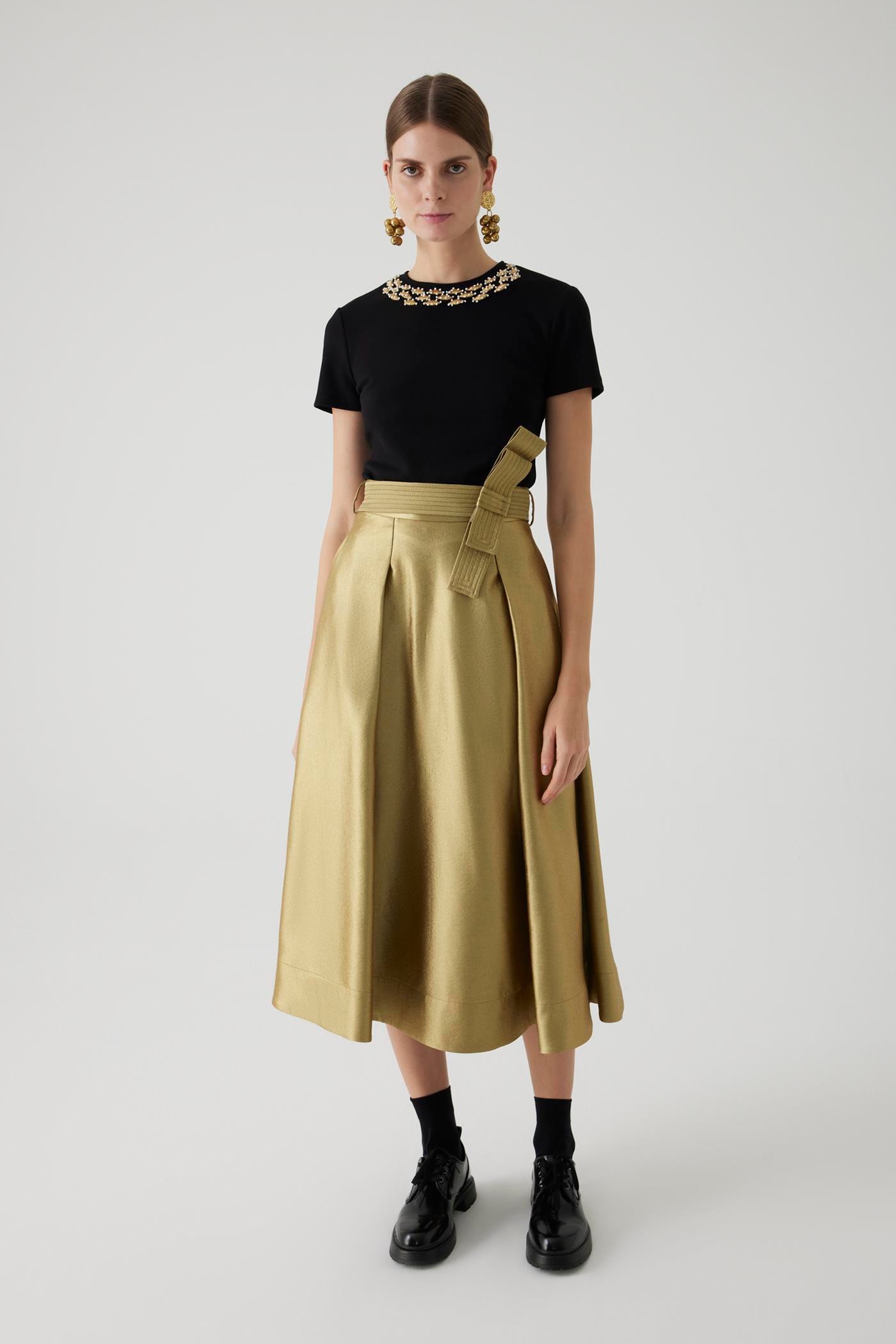 Belt Detail Regular Gold Midi Skirt