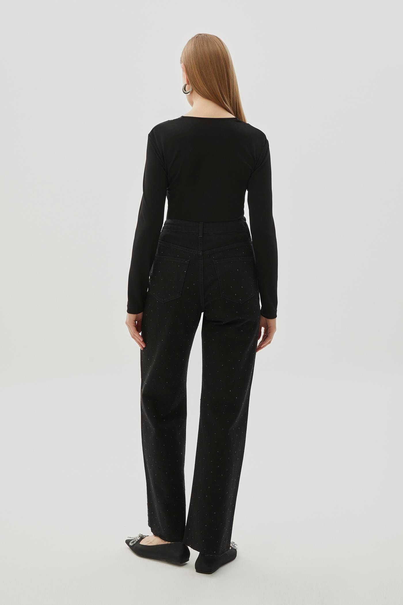 High Waist Wide Legged Stone Detailed Regular Black Denim Trousers