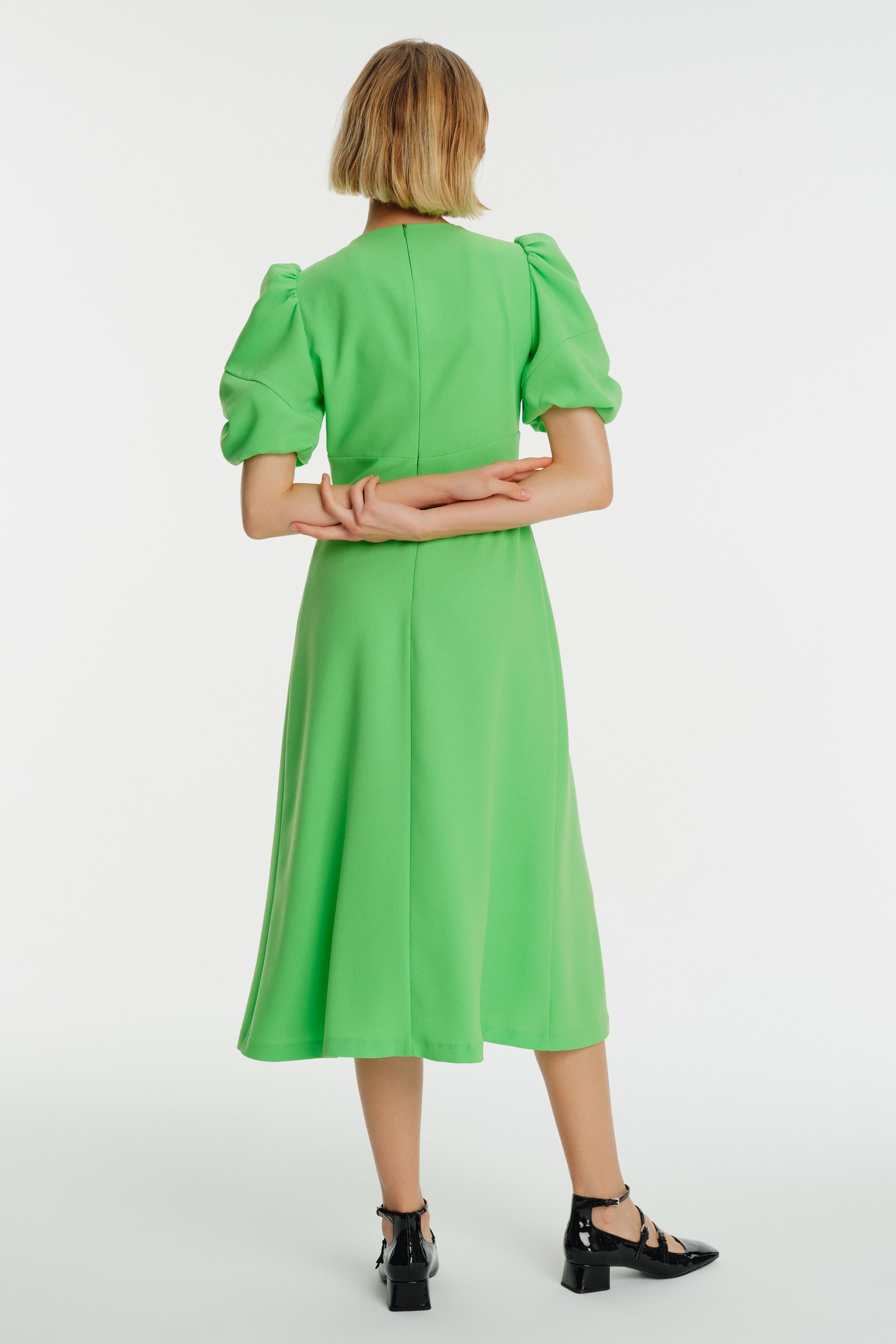 Crew Neck Puff Sleeve Midi Crepe Dress