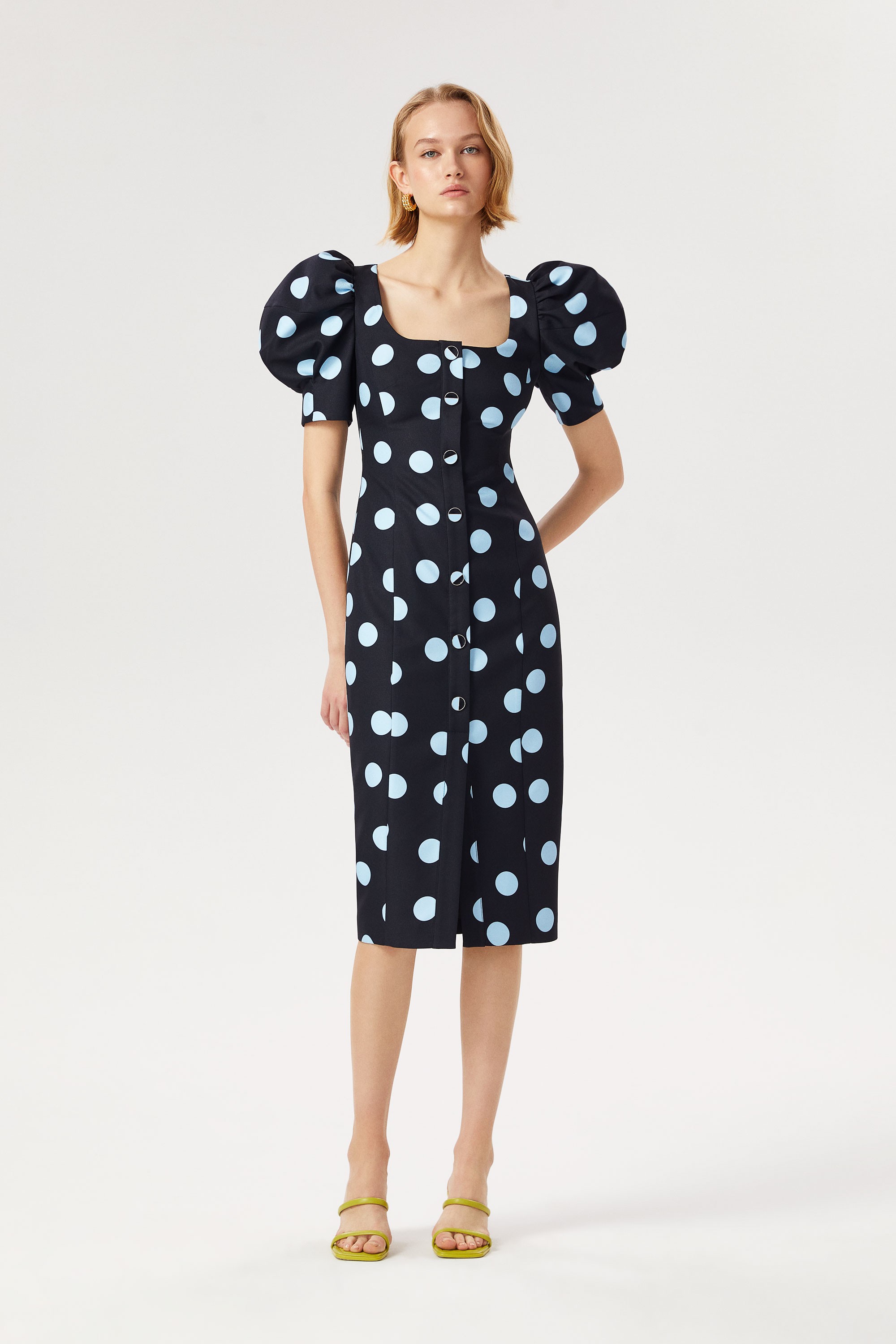 Square Neck Balloon Sleeve Midi Dress