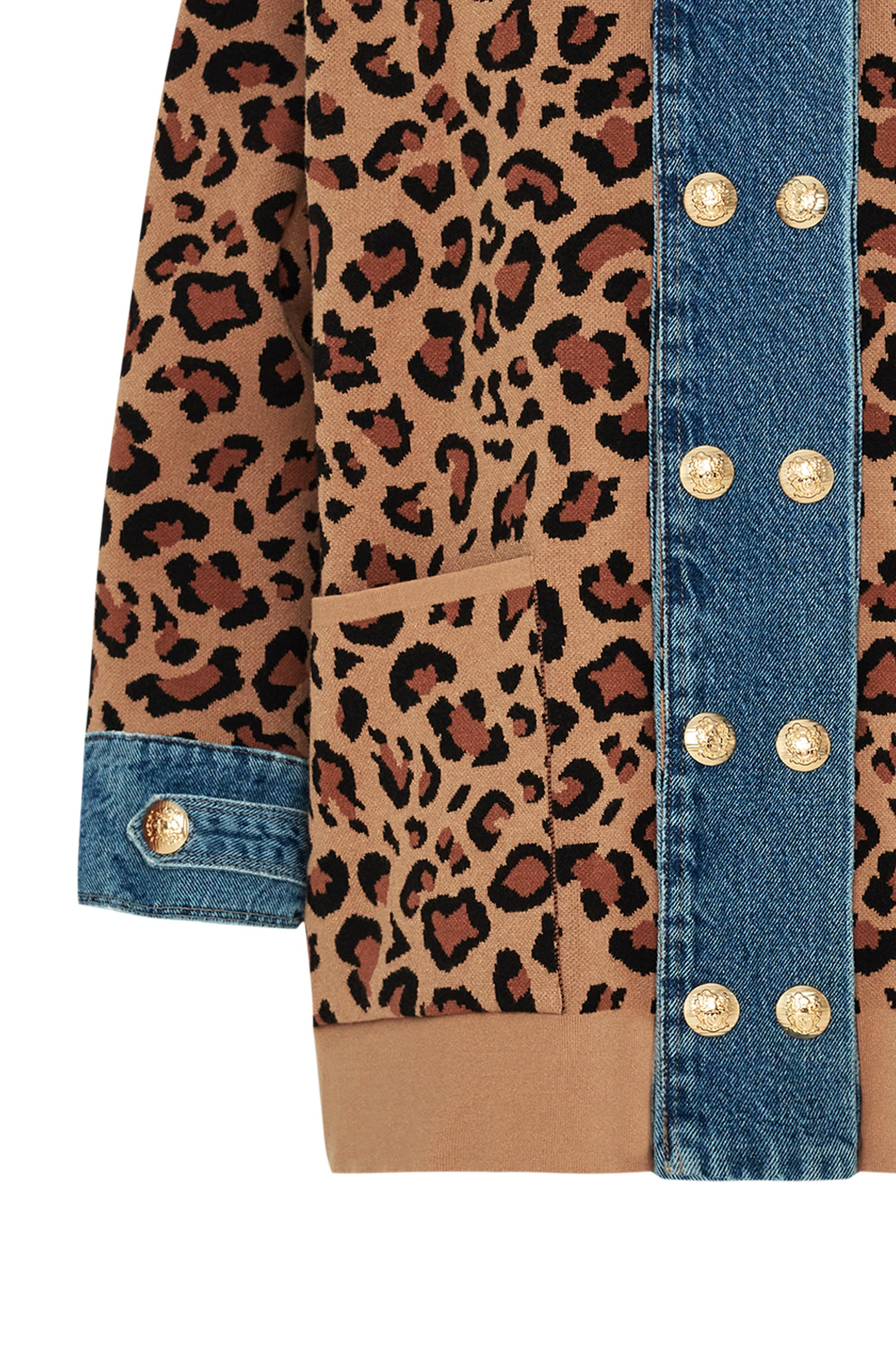 Leopar Desen Denim Garnili Kahverengi Oversize Hırka