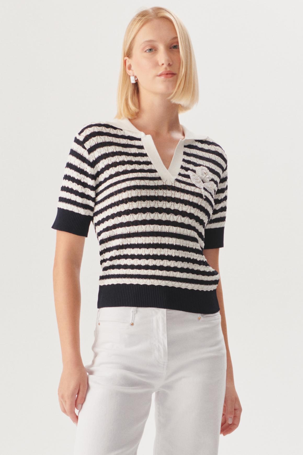 Striped Knit Polo Top