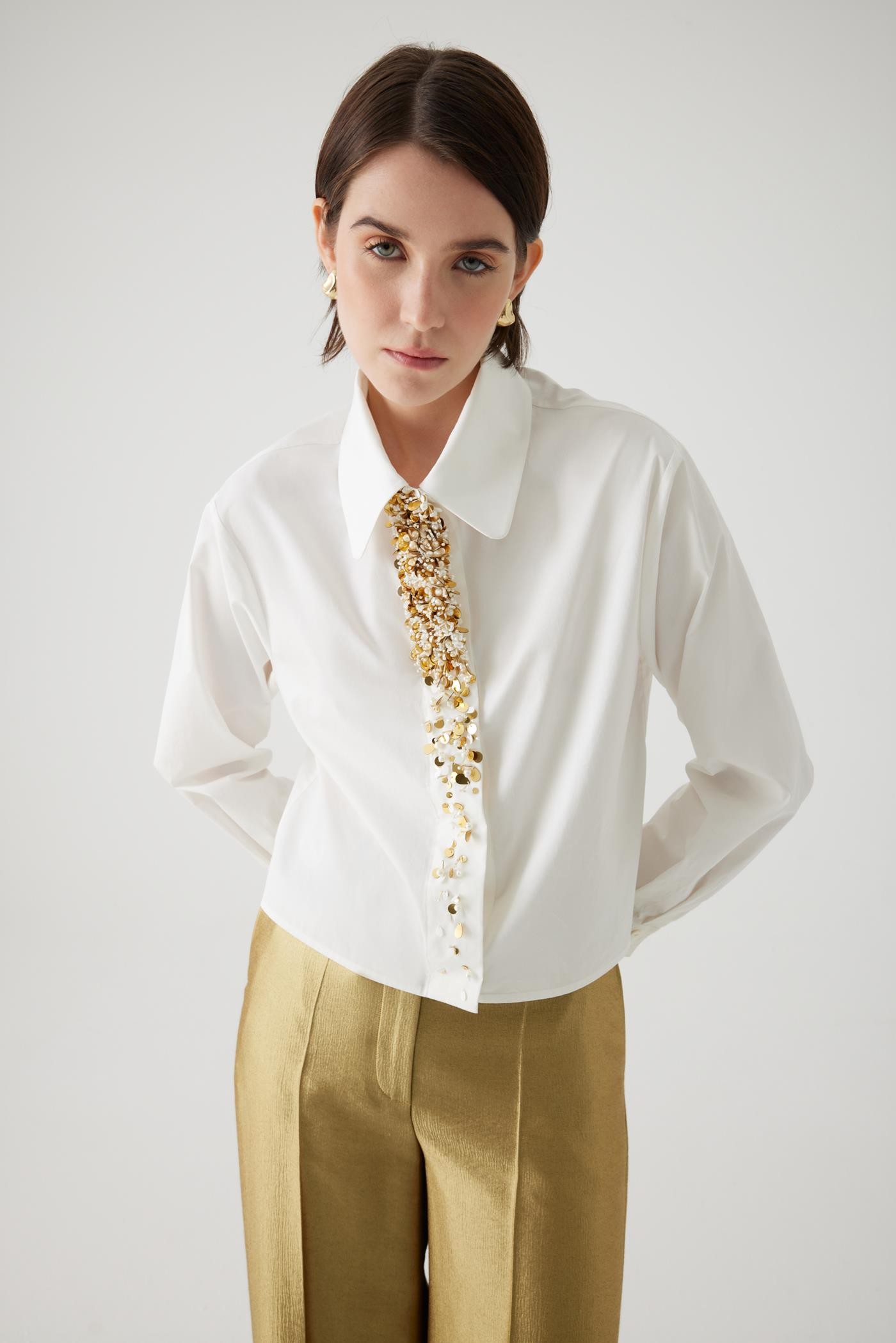 Embroidery Detailed Cotton Straight Cut Ecru Shirt