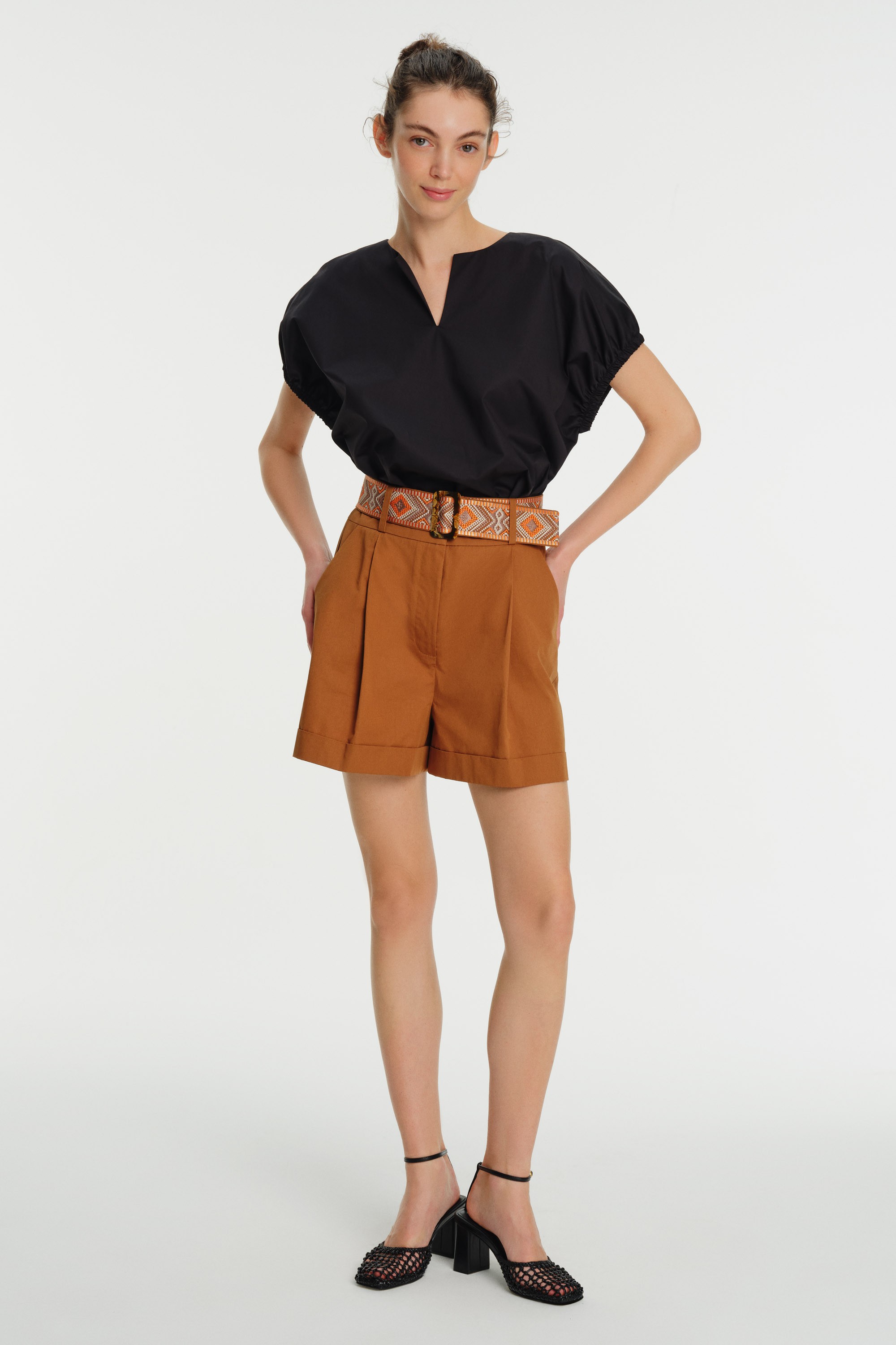 High Waist Poplin Shorts with Embroidery Detail