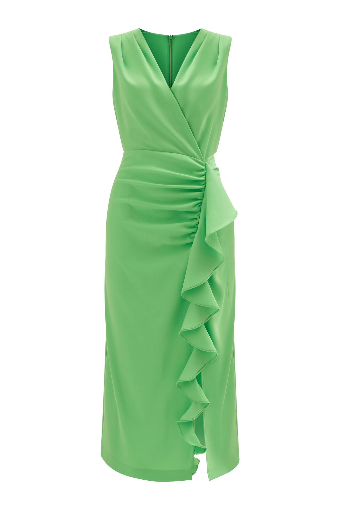 Sleeveless Midi Crepe Dress with Slit Flywheel Detail