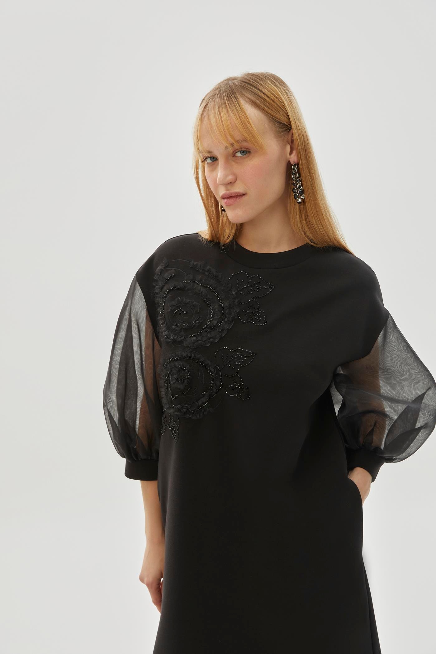 Organza Sleeve Embroidered Detail Lycra Black Mini Knit Dress