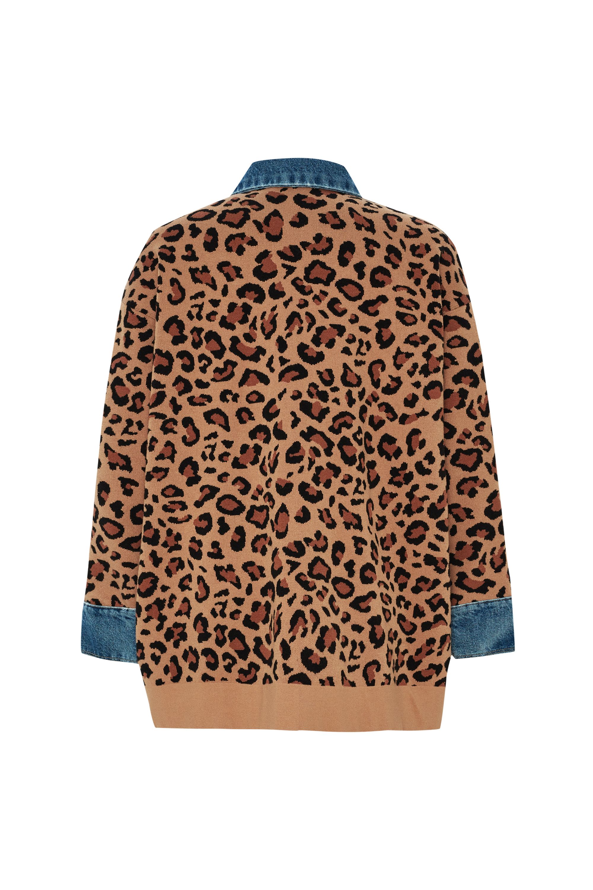 Leopar Desen Denim Garnili Kahverengi Oversize Hırka