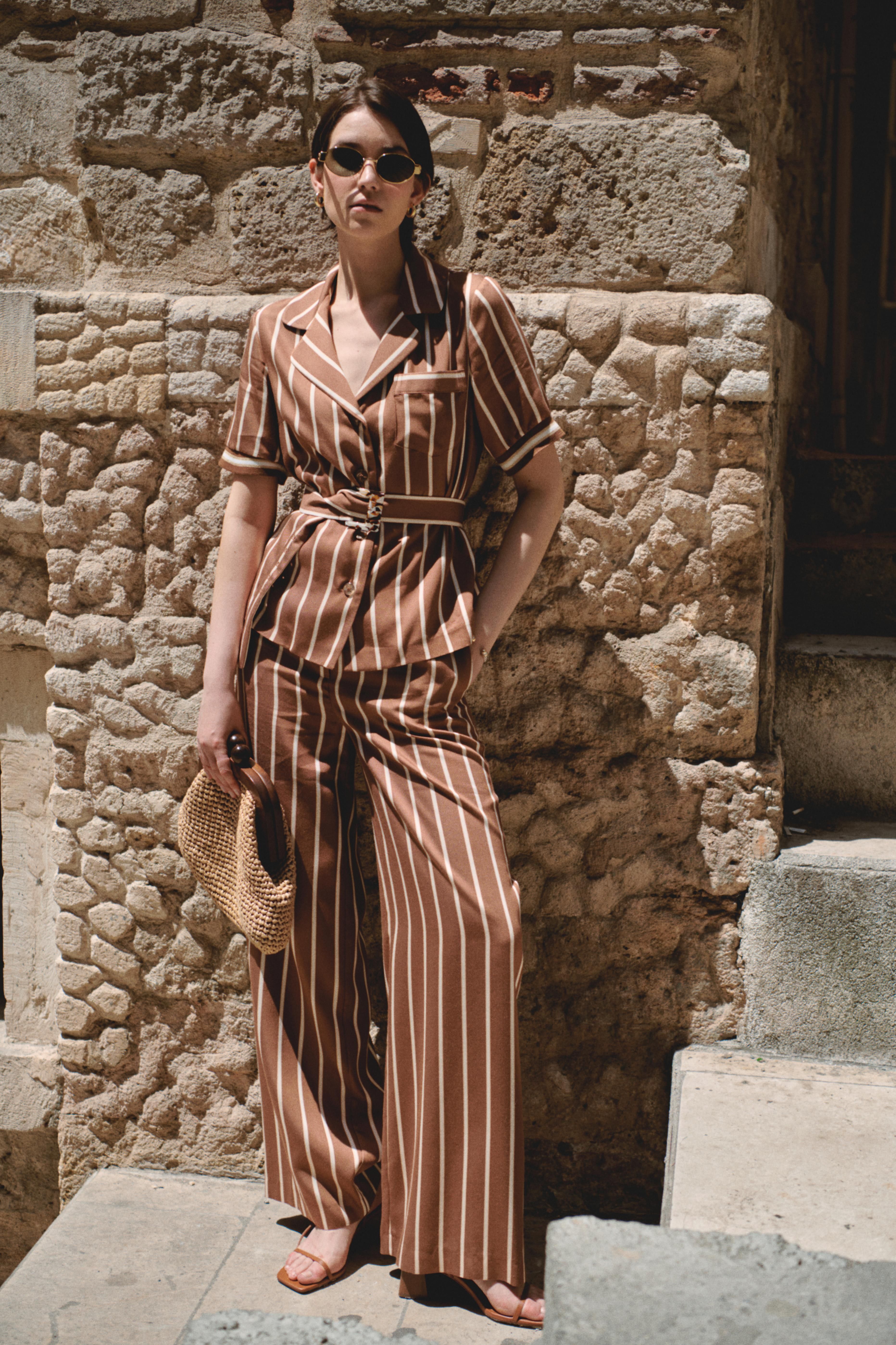 Striped and Belted Wide Leg Trousers