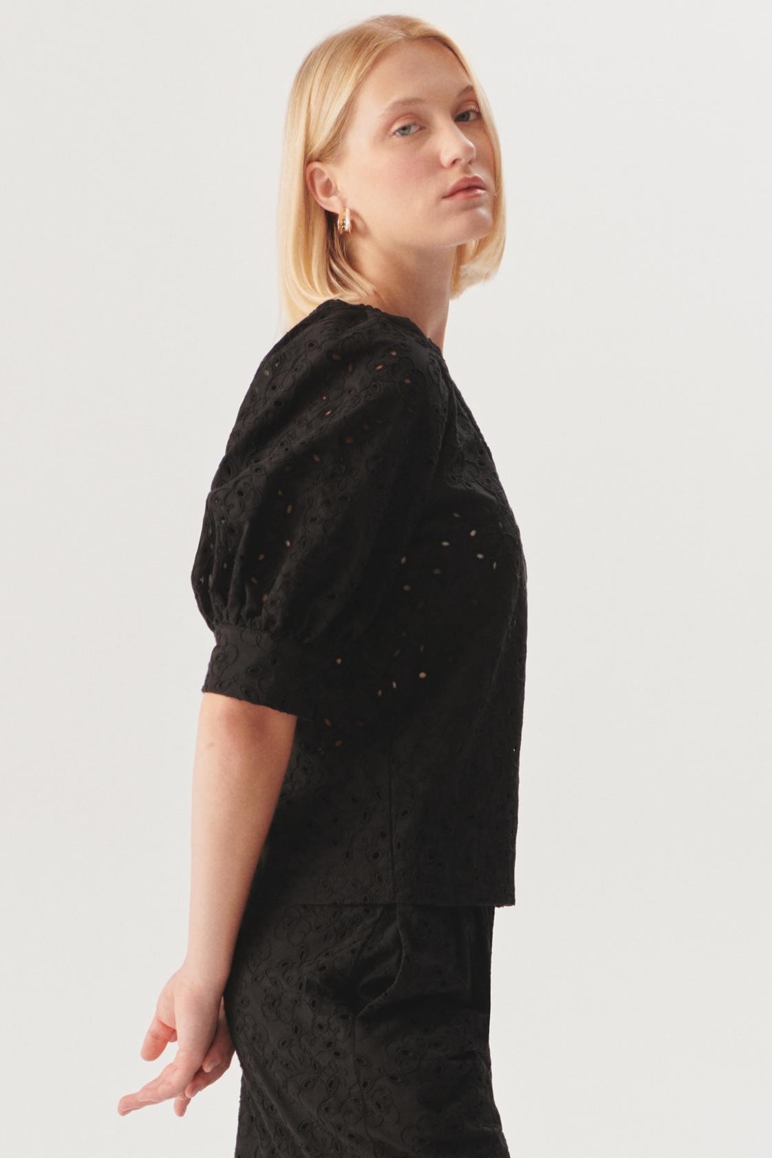 Relaxed Puff Sleeve Eyelet Blouse