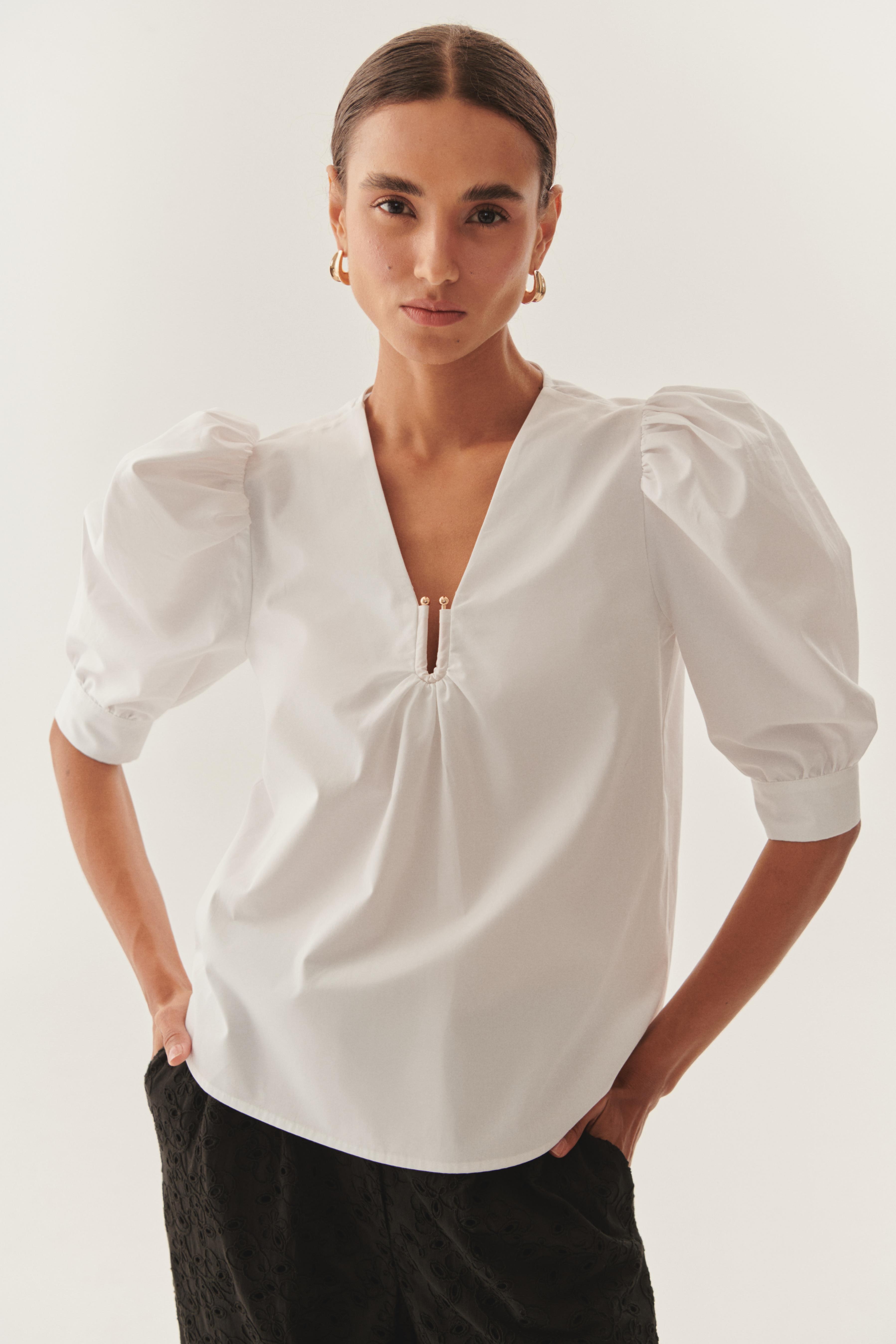 Puff Sleeve Poplin Keyhole Blouse