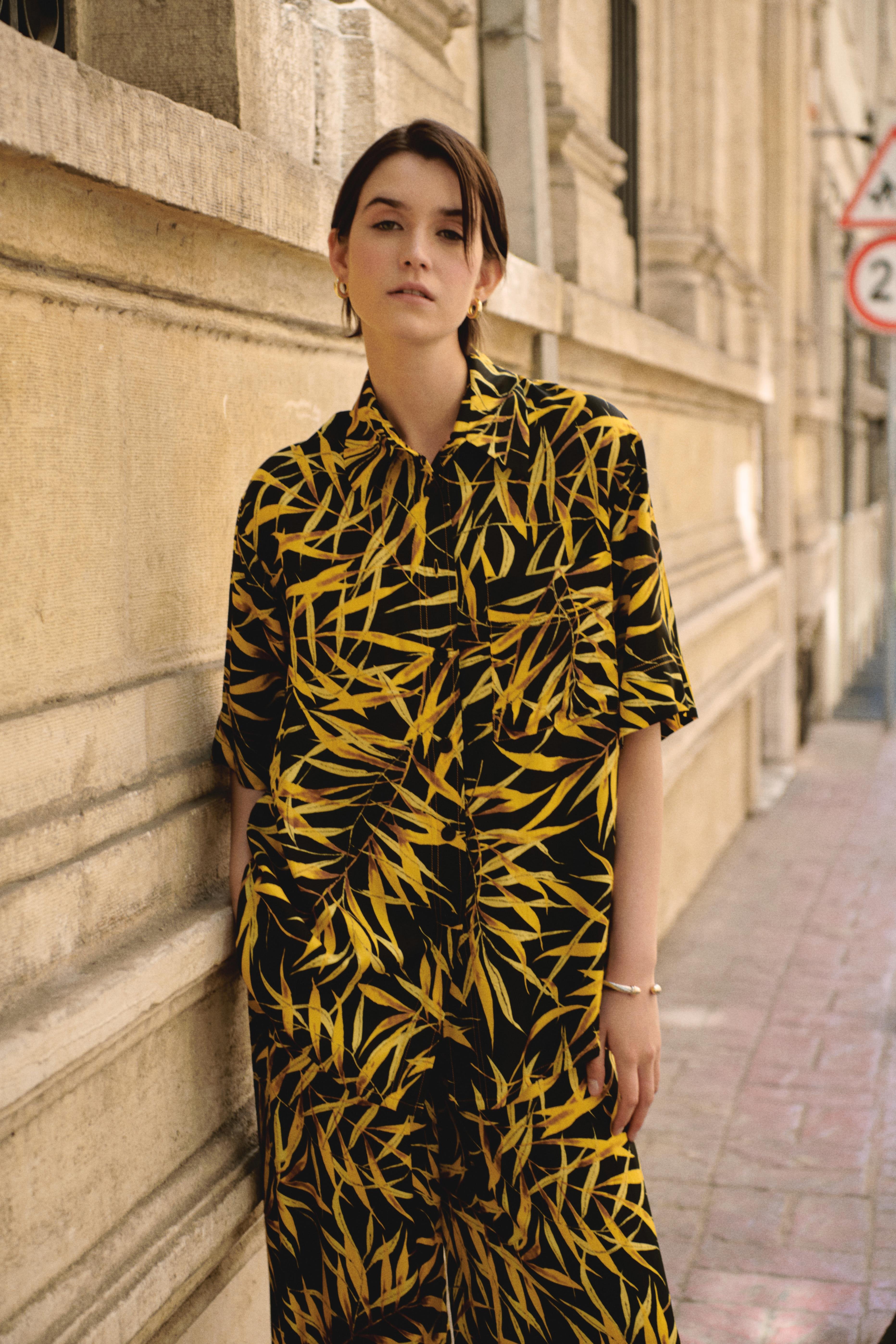 Viscose Yellow Leaf Patterned Shirt