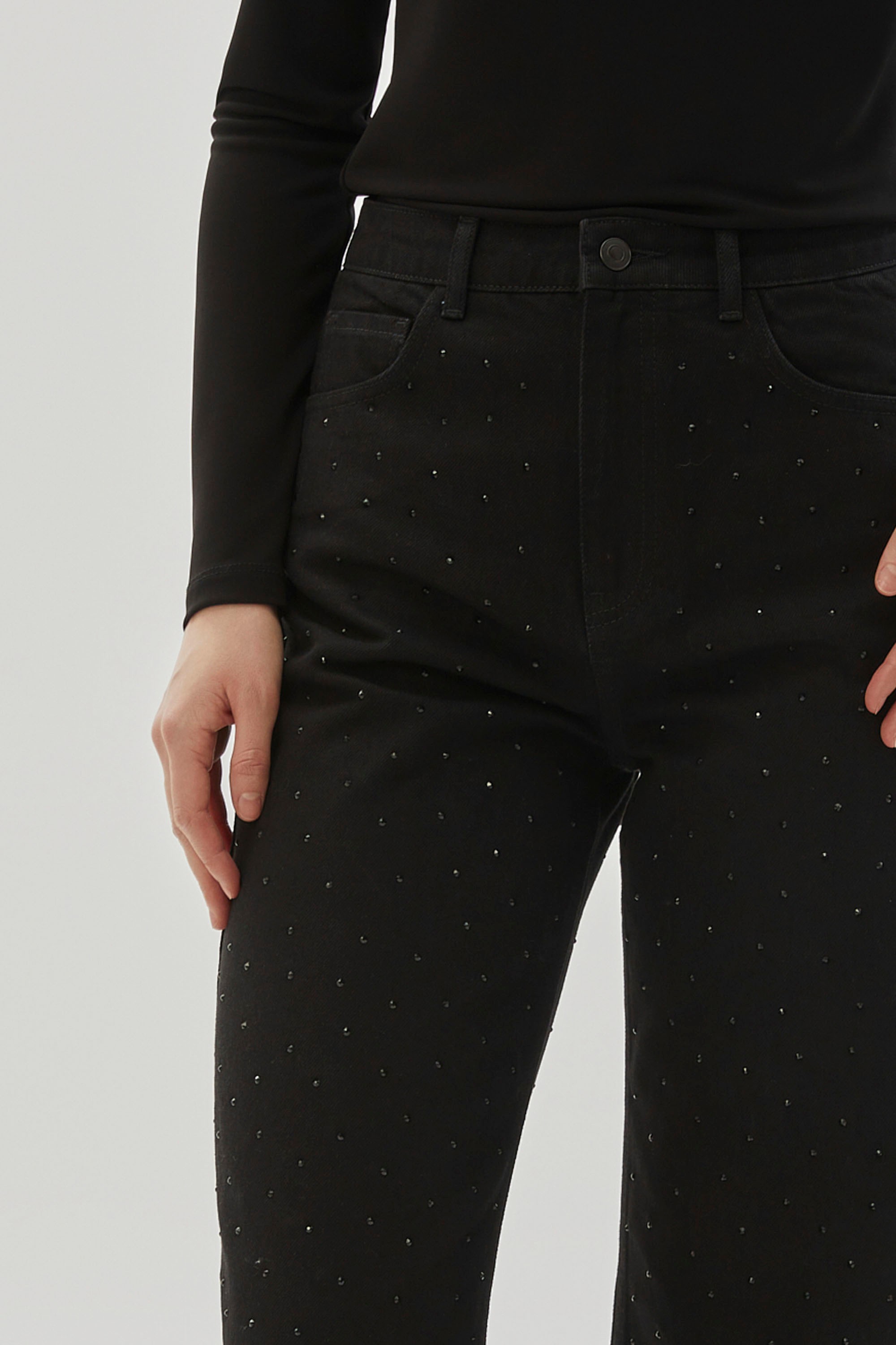 High Waist Wide Legged Stone Detailed Regular Black Denim Trousers