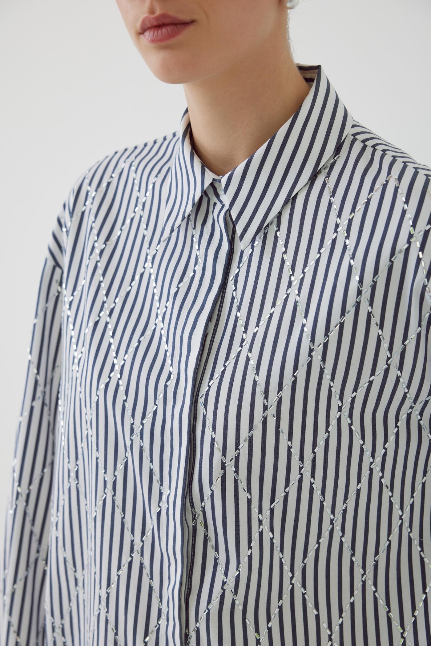 Oversize Shiny Stone Printed Striped Shirt