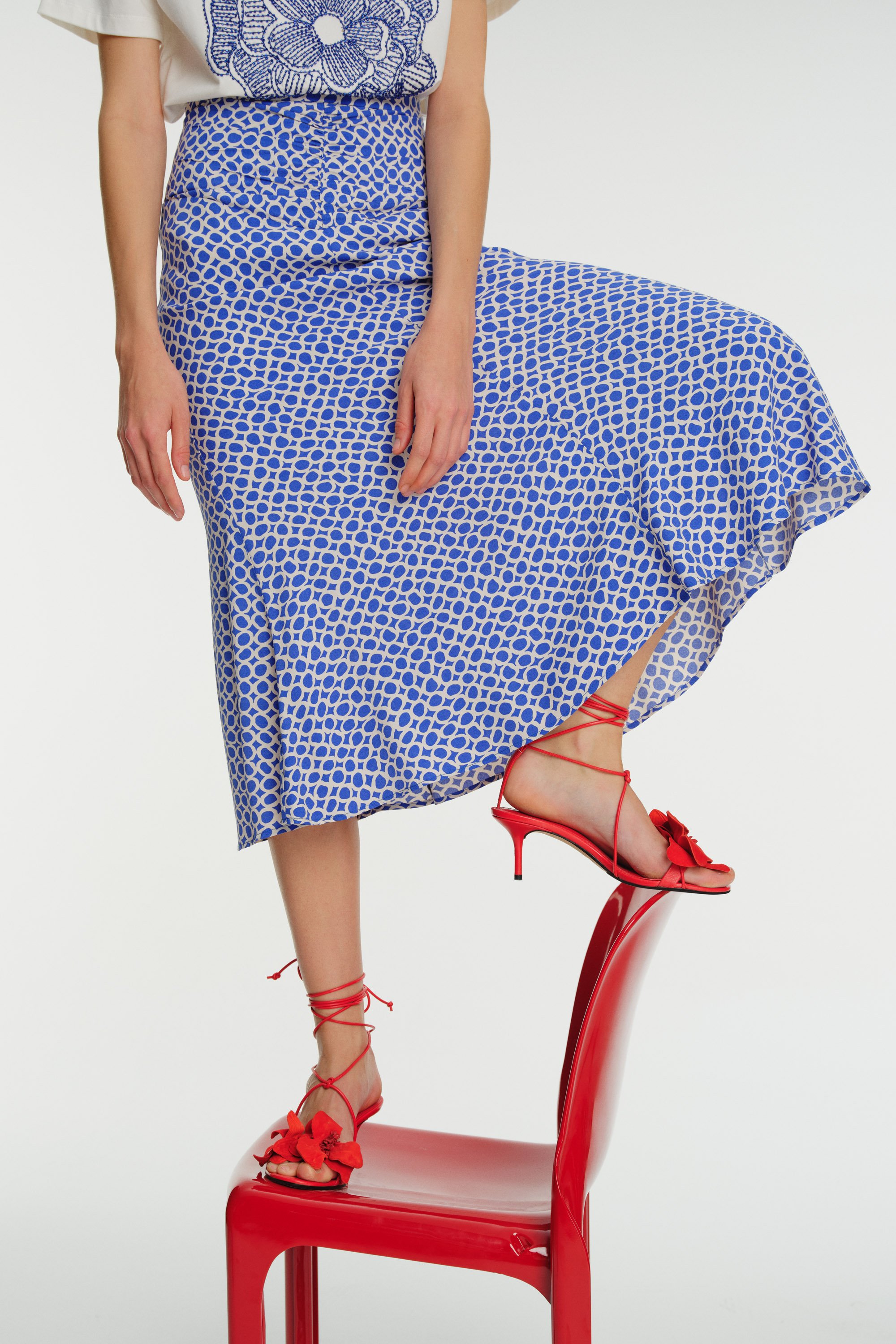 High-Waisted Midi-Length Printed Pleated Skirt