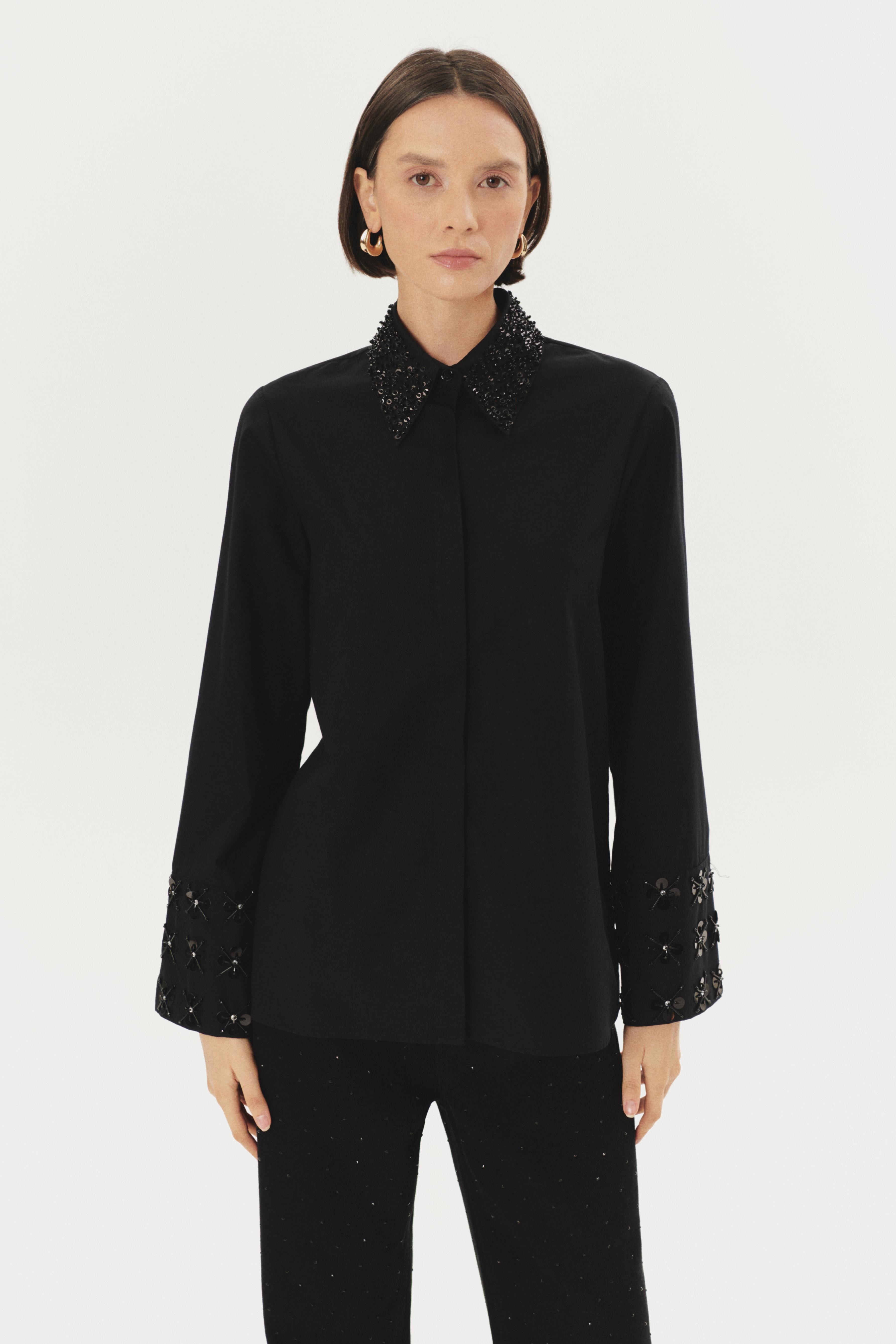 Sequin Detailed and Floral Embroidered Sleeves Cotton Regular Black Shirt