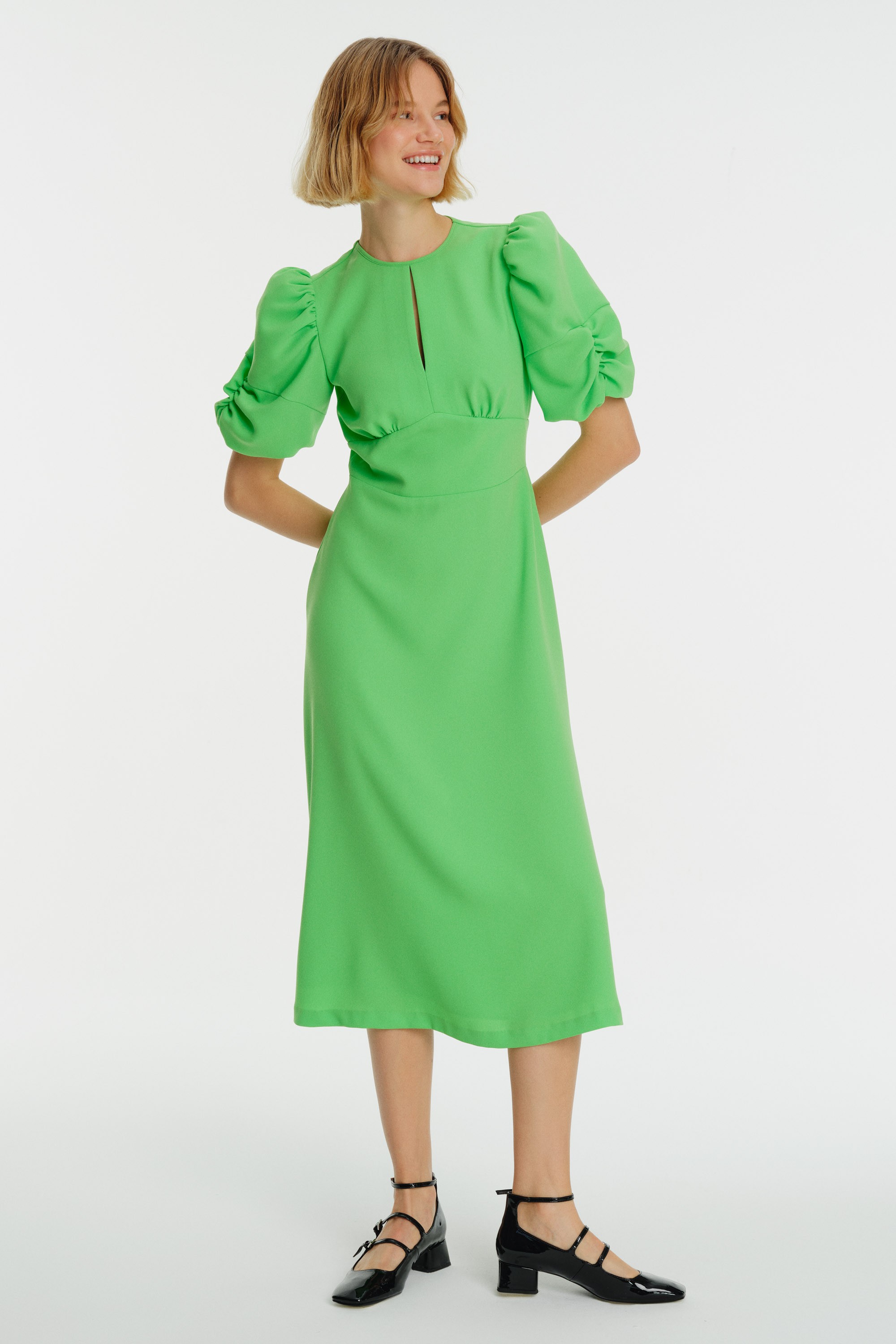 Crew Neck Puff Sleeve Midi Crepe Dress