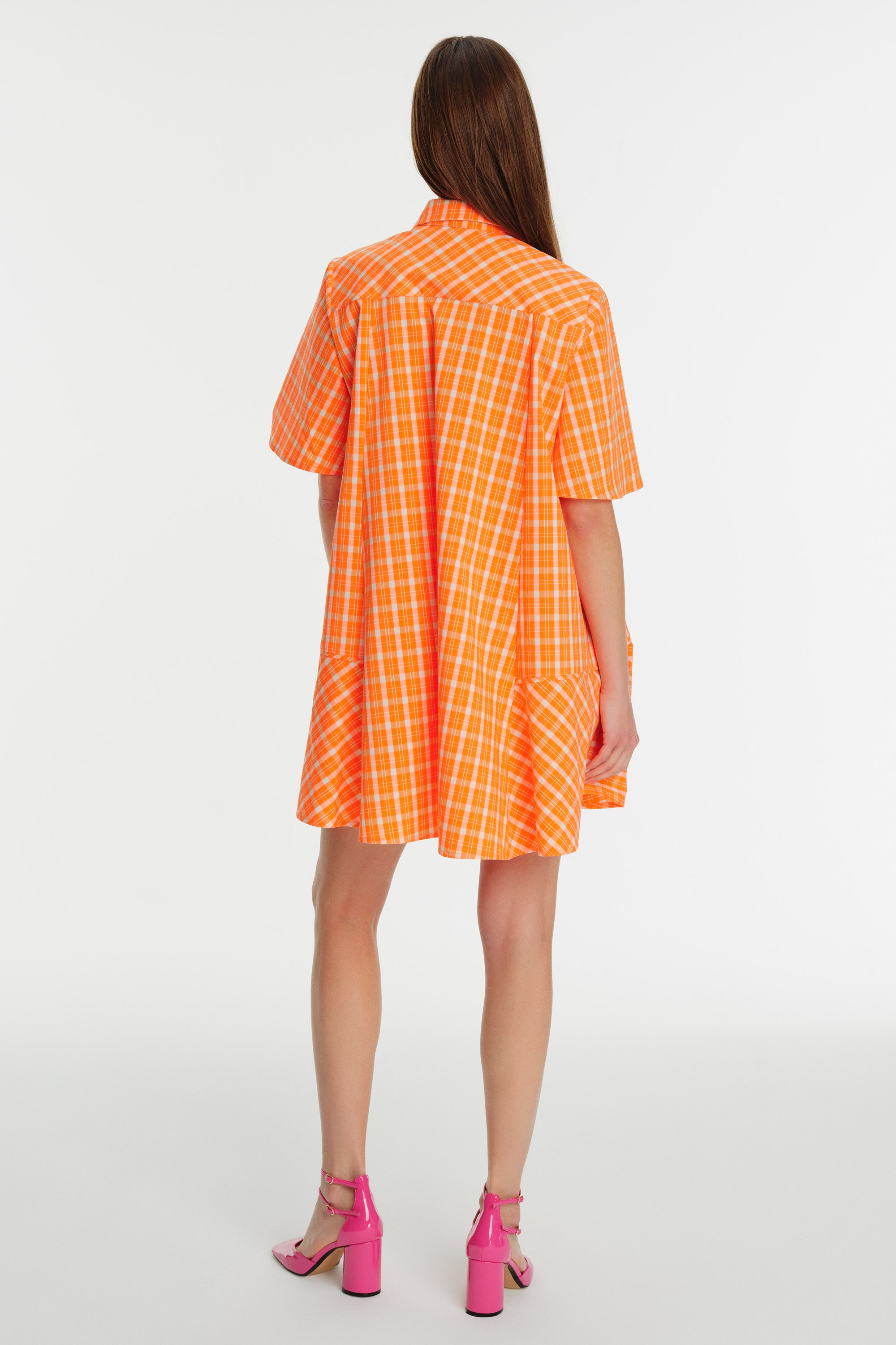 Short Sleeve Checkered Mini Shirt Dress