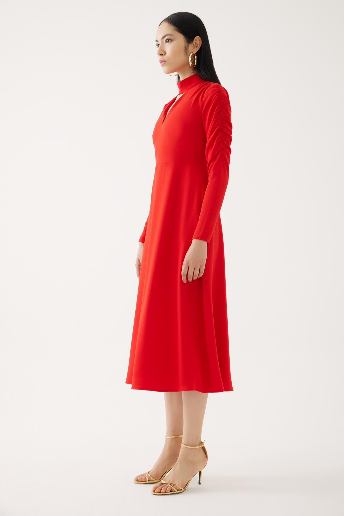 Red Sleeved Ruched Detail Dress