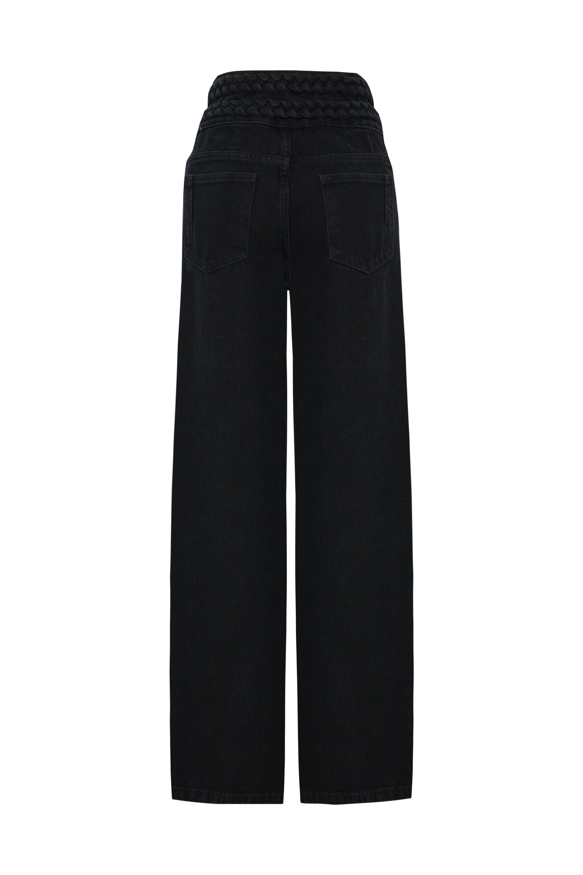 Belt and Button Detail Wide Legged Cotton Regular Black Denim