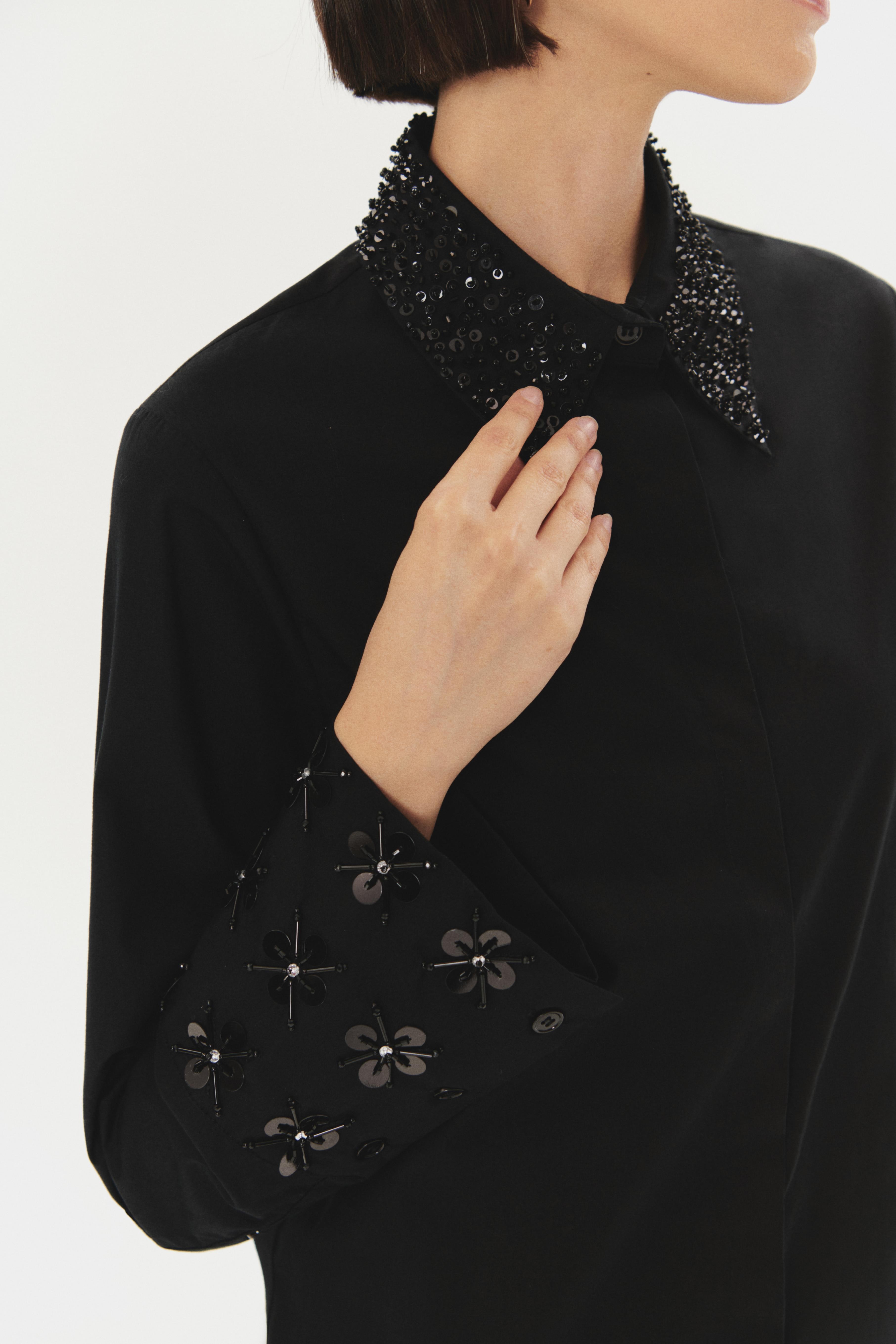 Sequin Detailed and Floral Embroidered Sleeves Cotton Regular Black Shirt