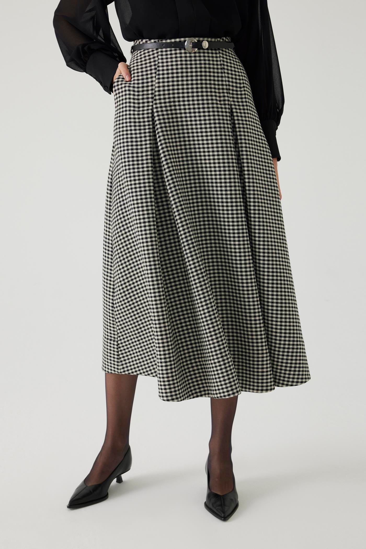 A-line Checkered Belted Midi Skirt