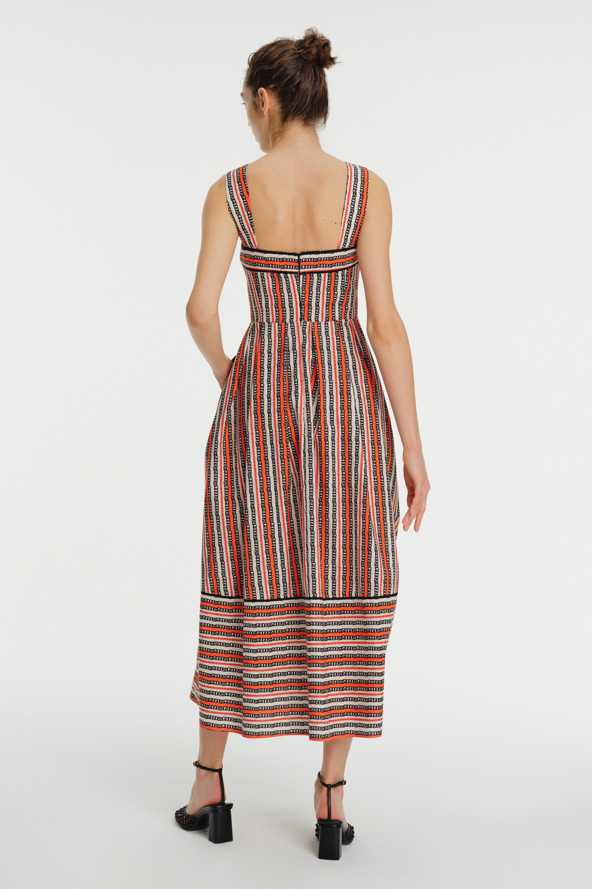 Wide Straps Pleated Line Patterned Midi Cotton Dress