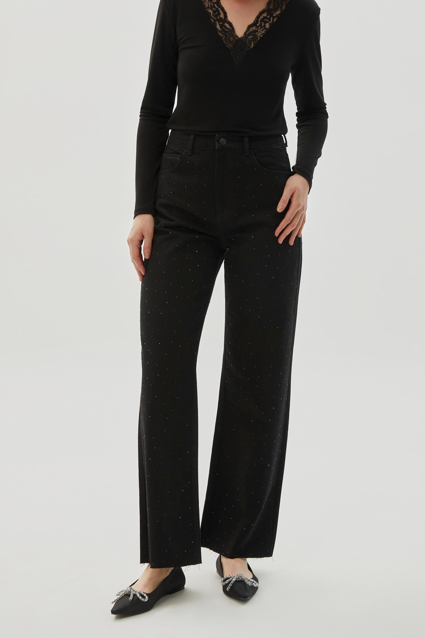 High Waist Wide Legged Stone Detailed Regular Black Denim Trousers